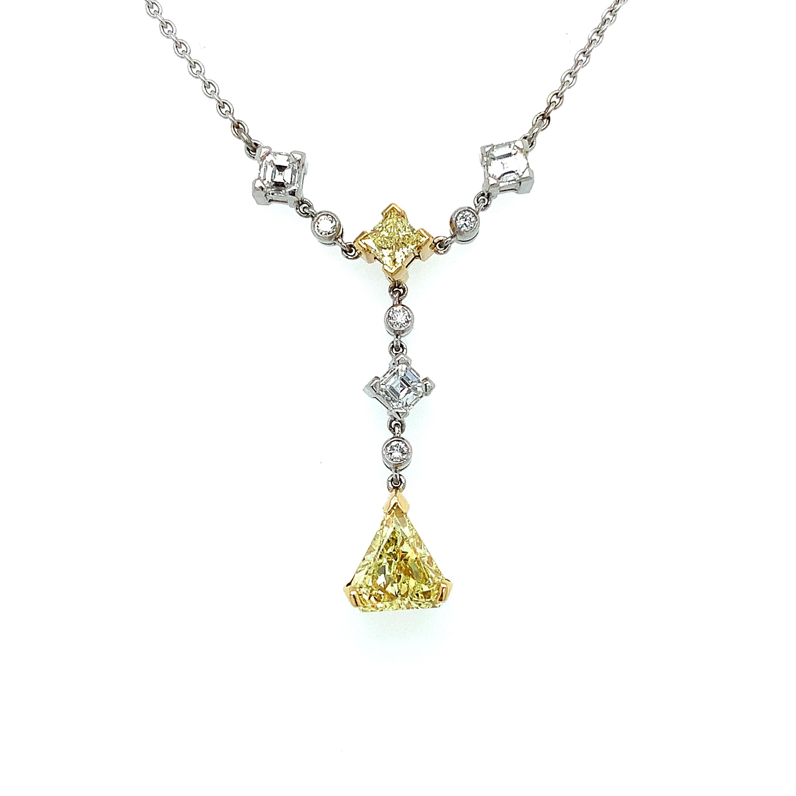 Trillion Cut Yellow and white diamond art deco drop pendant 18k white gold For Sale