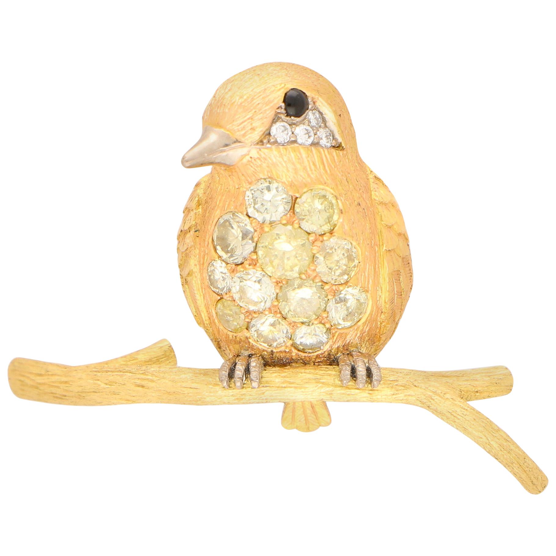 Yellow and White Diamond Bird Pin Brooch Set in 18 Karat Yellow and Rose Gold
