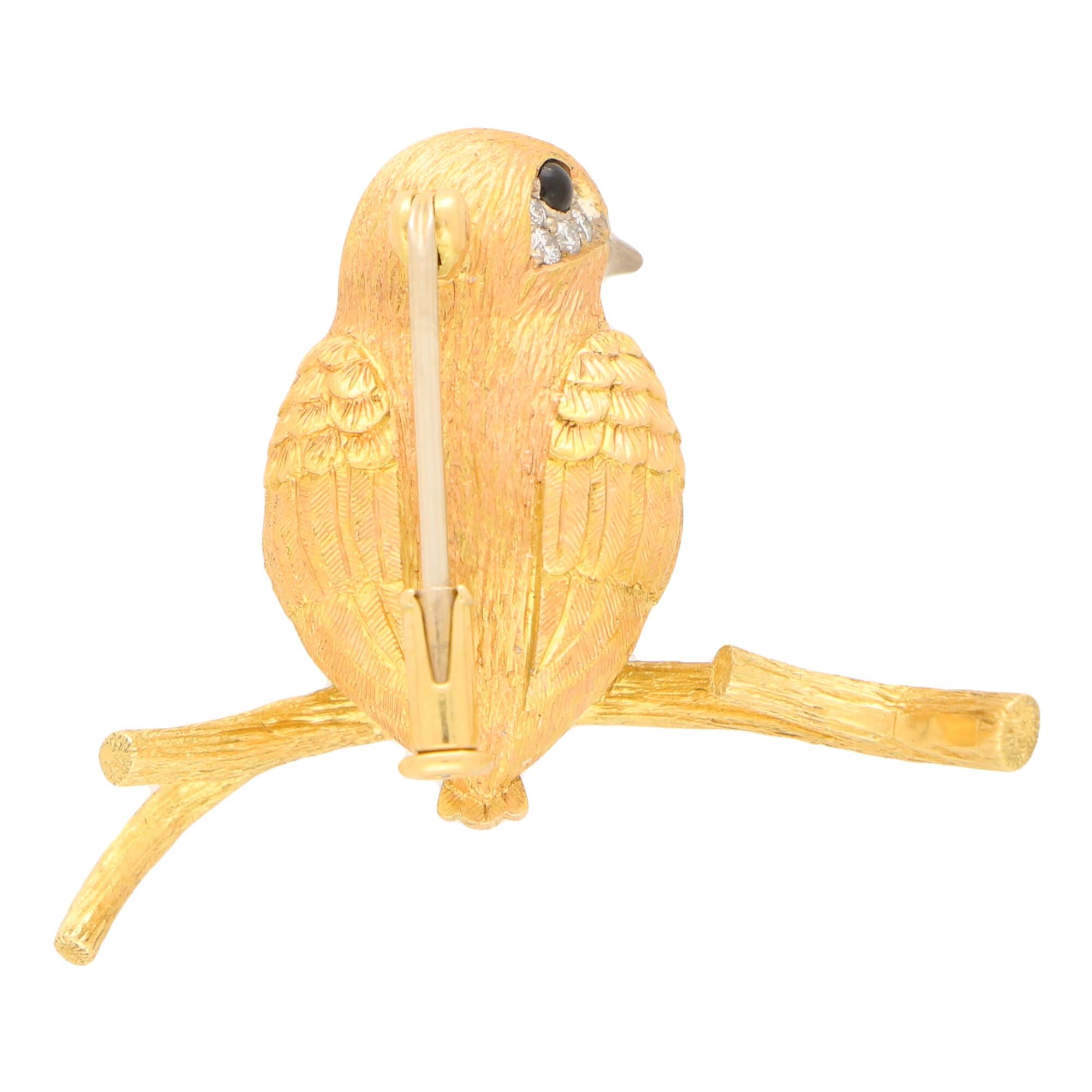 Modern Yellow and White Diamond Bird Pin Brooch Set in 18 Karat Yellow and Rose Gold