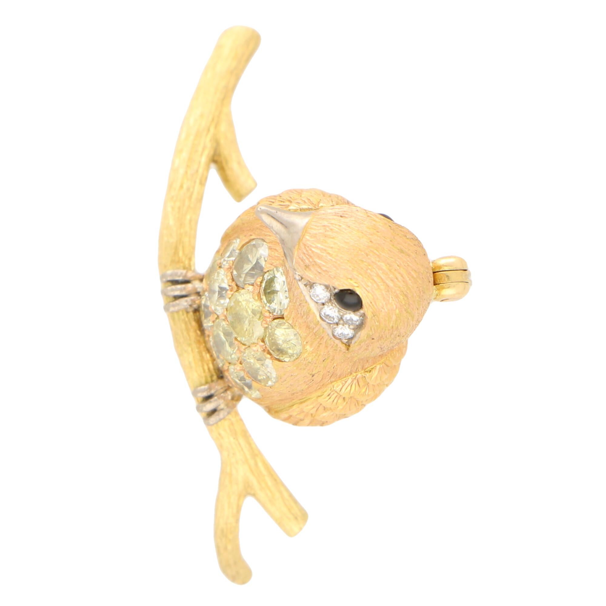 Round Cut Yellow and White Diamond Bird Pin Brooch Set in 18 Karat Yellow and Rose Gold