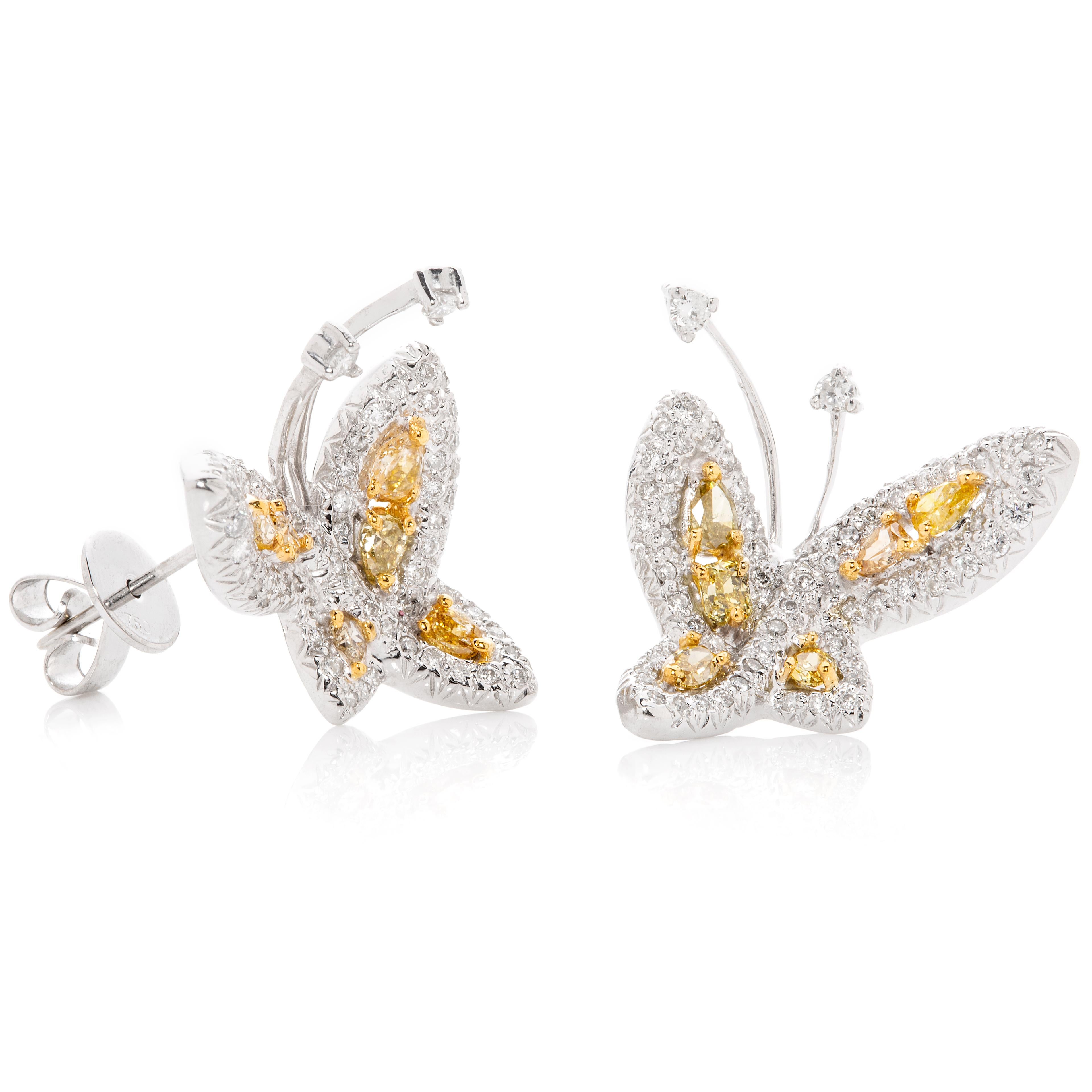 Yellow and White Diamond Butterfly Earrings In New Condition For Sale In COTTESLOE, AU