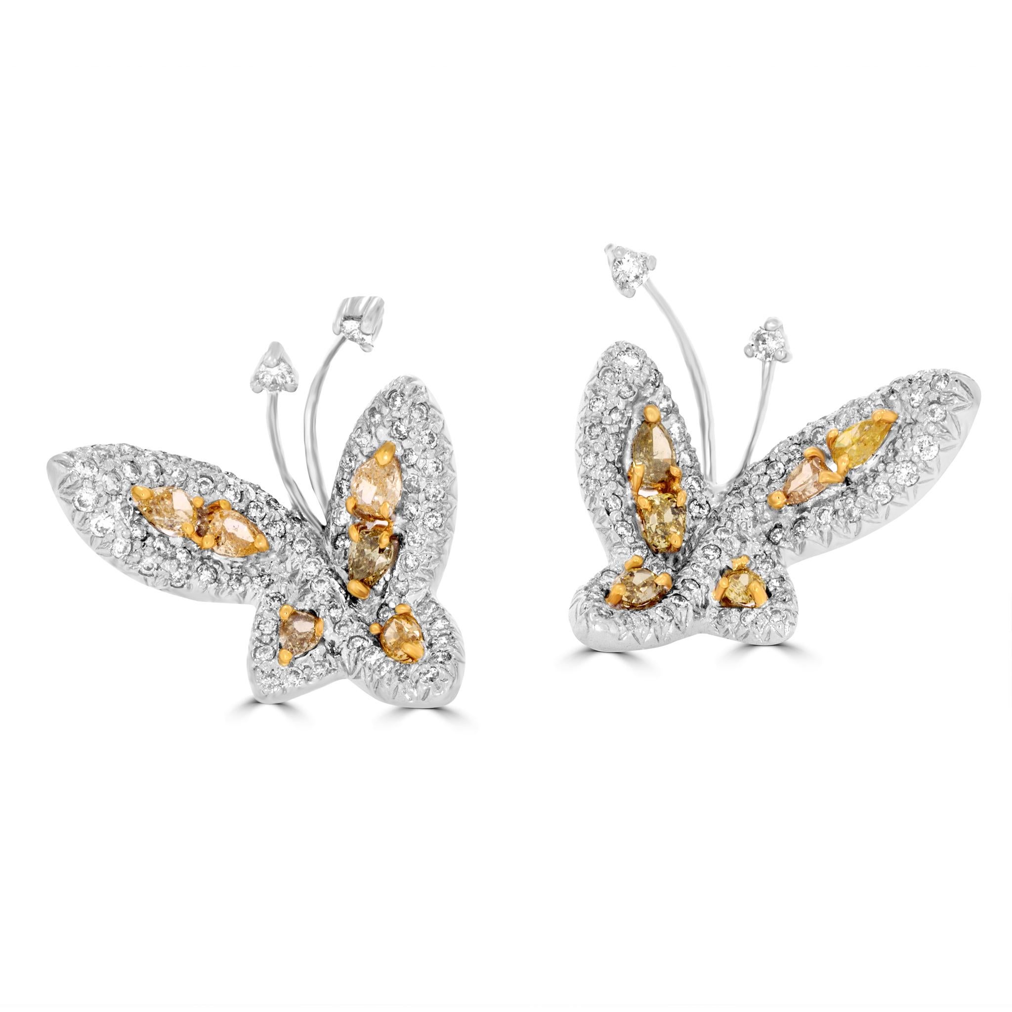 Women's or Men's Yellow and White Diamond Butterfly Earrings For Sale
