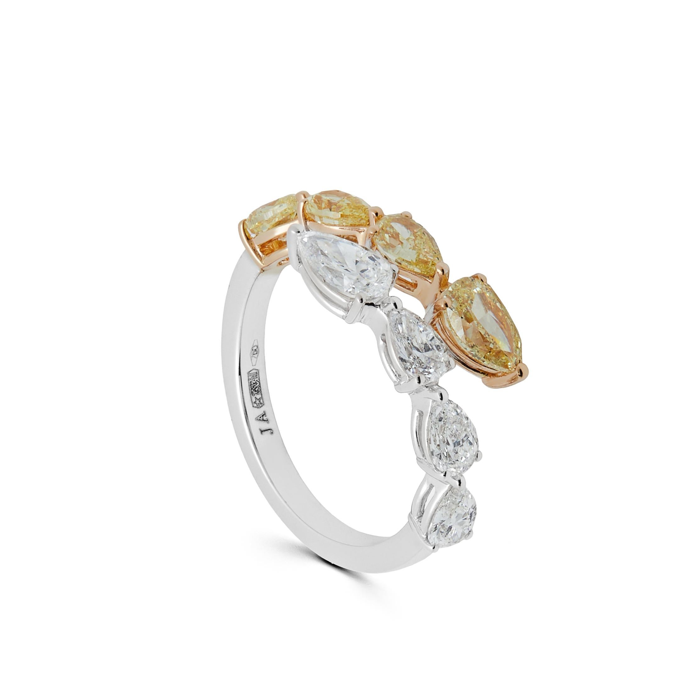Pear Cut Yellow and White Diamond Bypass Ring For Sale