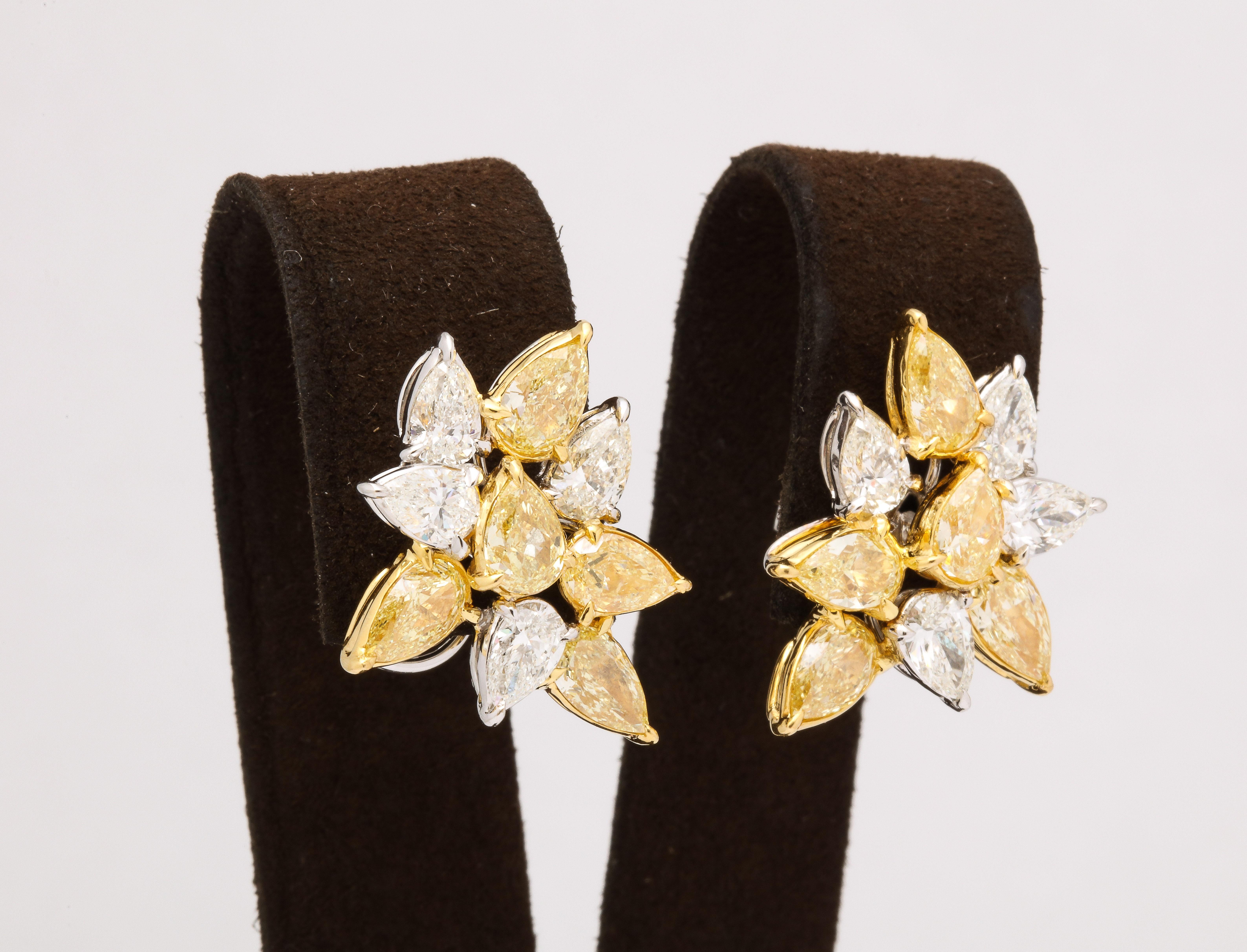 Pear Cut Yellow and White Diamond Cluster Earrings  For Sale