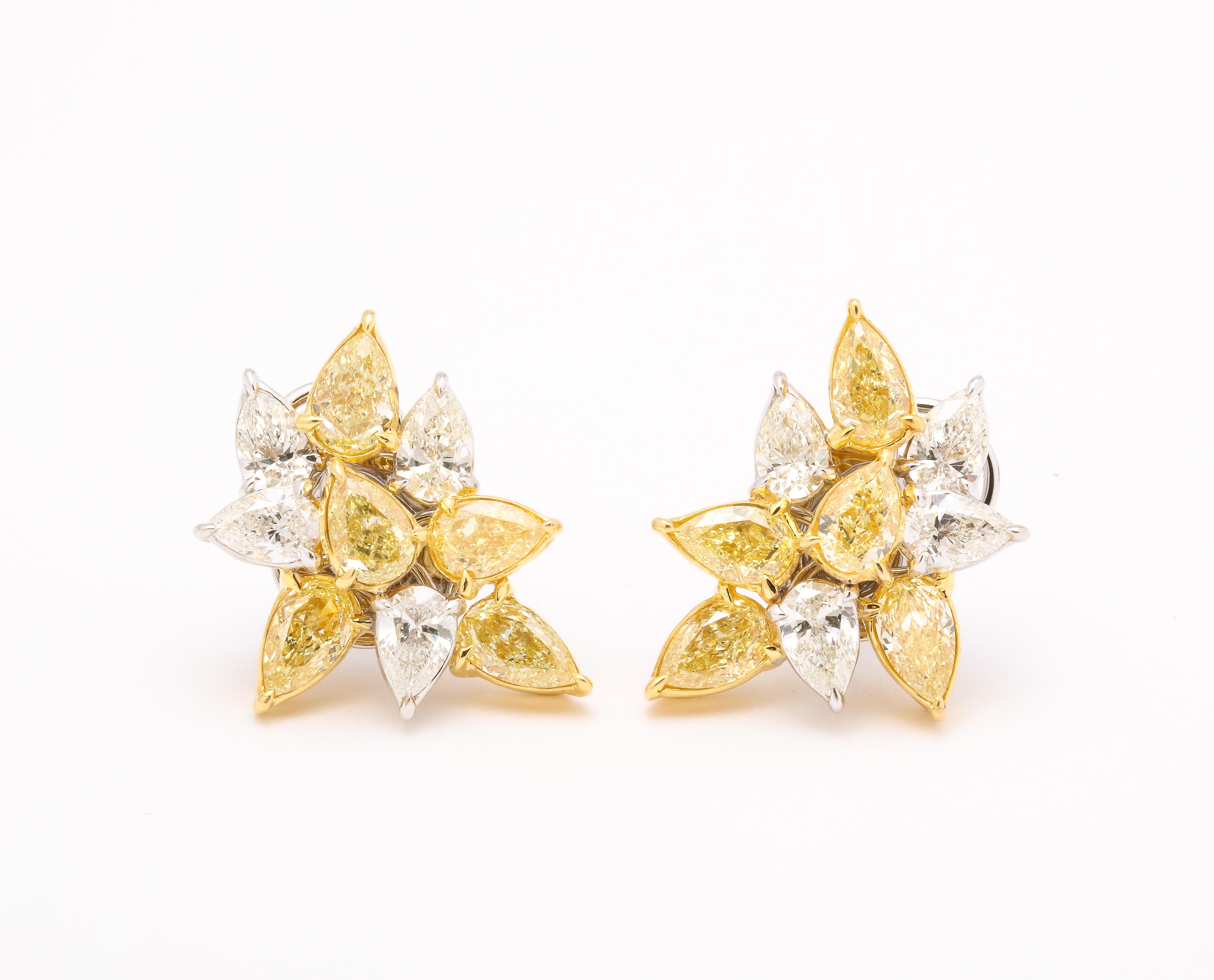 Yellow and White Diamond Cluster Earrings  In New Condition For Sale In New York, NY