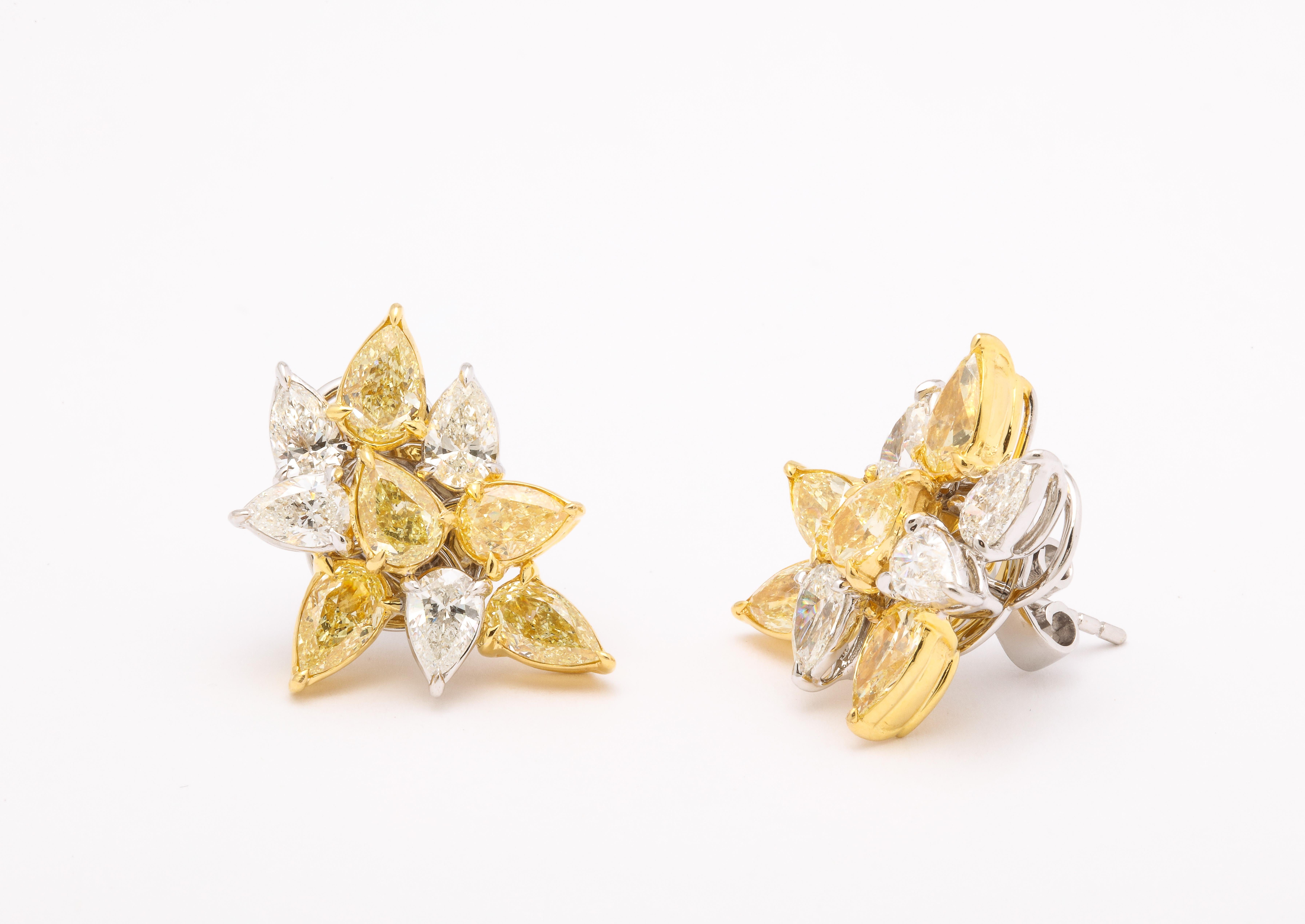 Women's Yellow and White Diamond Cluster Earrings  For Sale