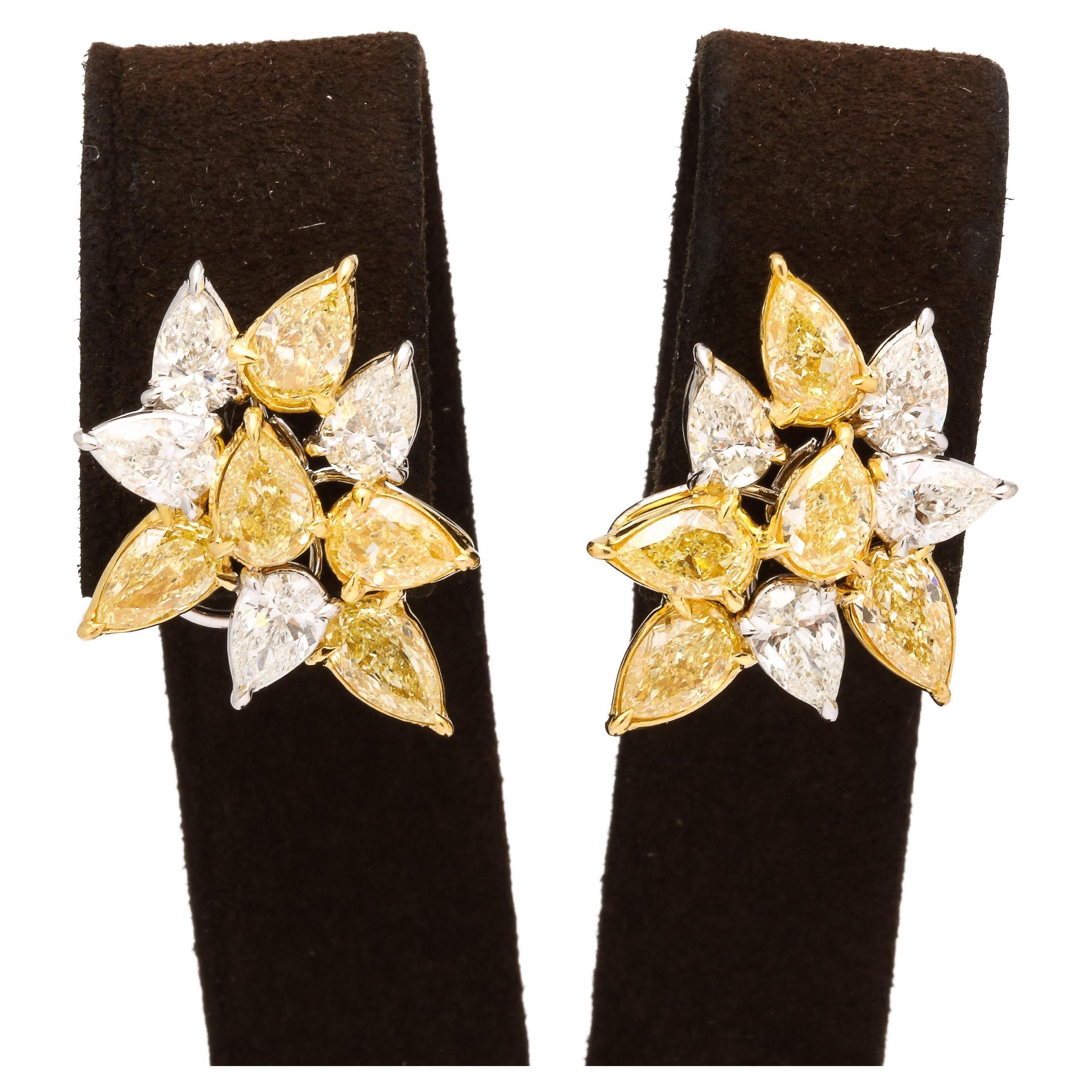 Yellow and White Diamond Cluster Earrings  For Sale