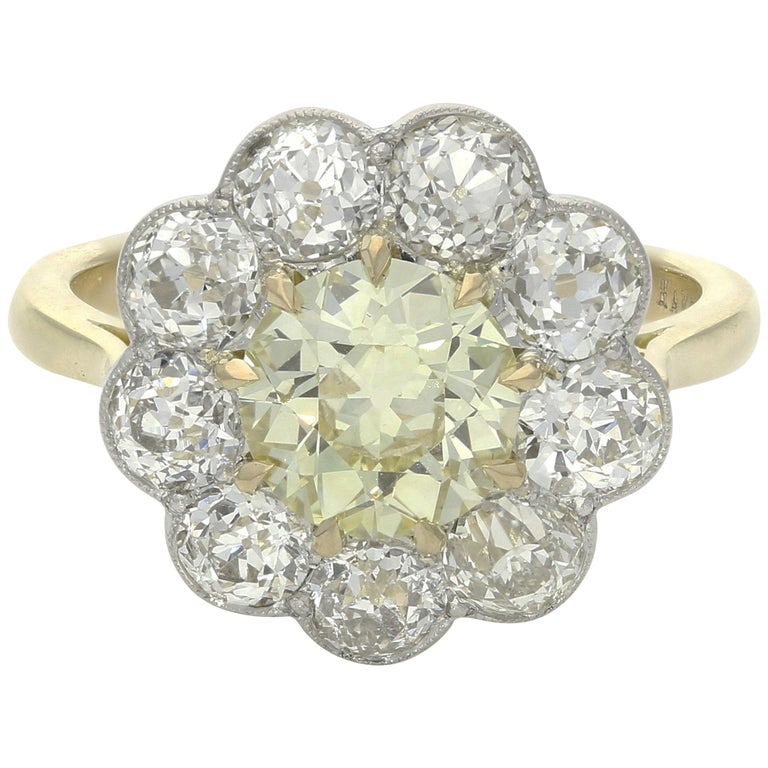 Yellow and white diamond cluster ring 