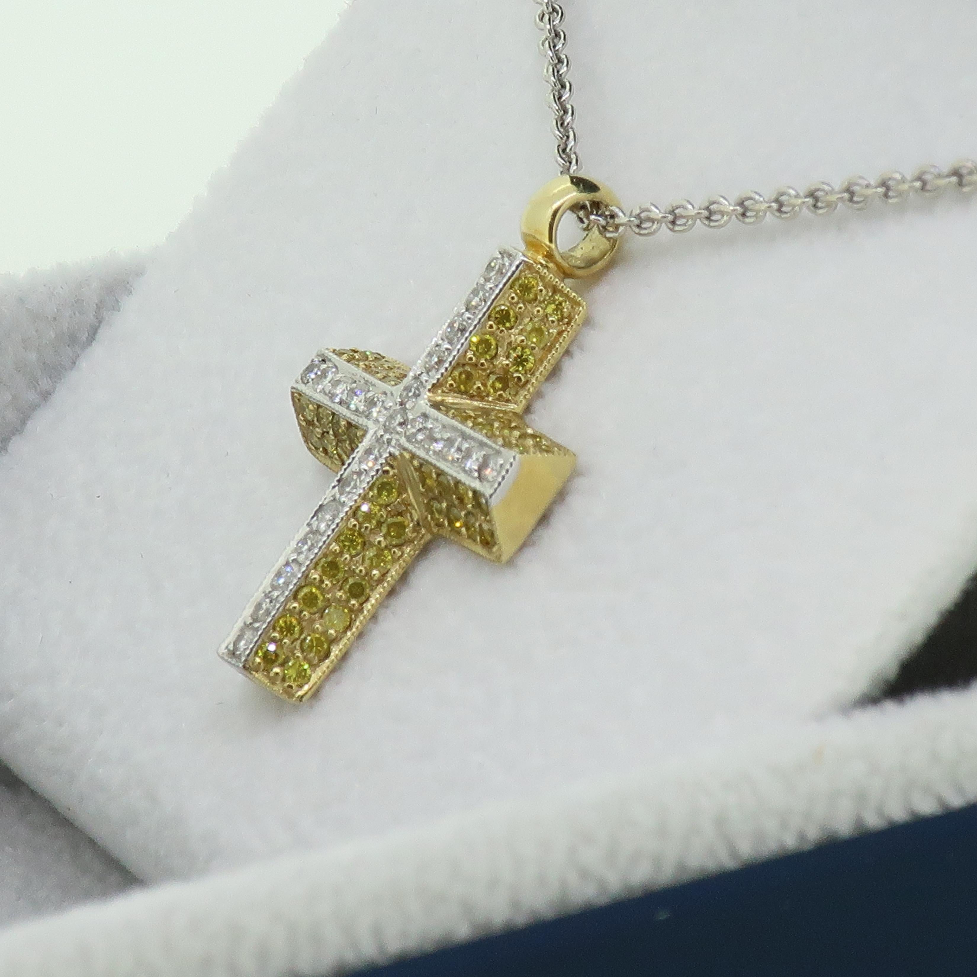 Women's Yellow and White Diamond Cross Pendant 18 Karat Yellow and White Gold For Sale