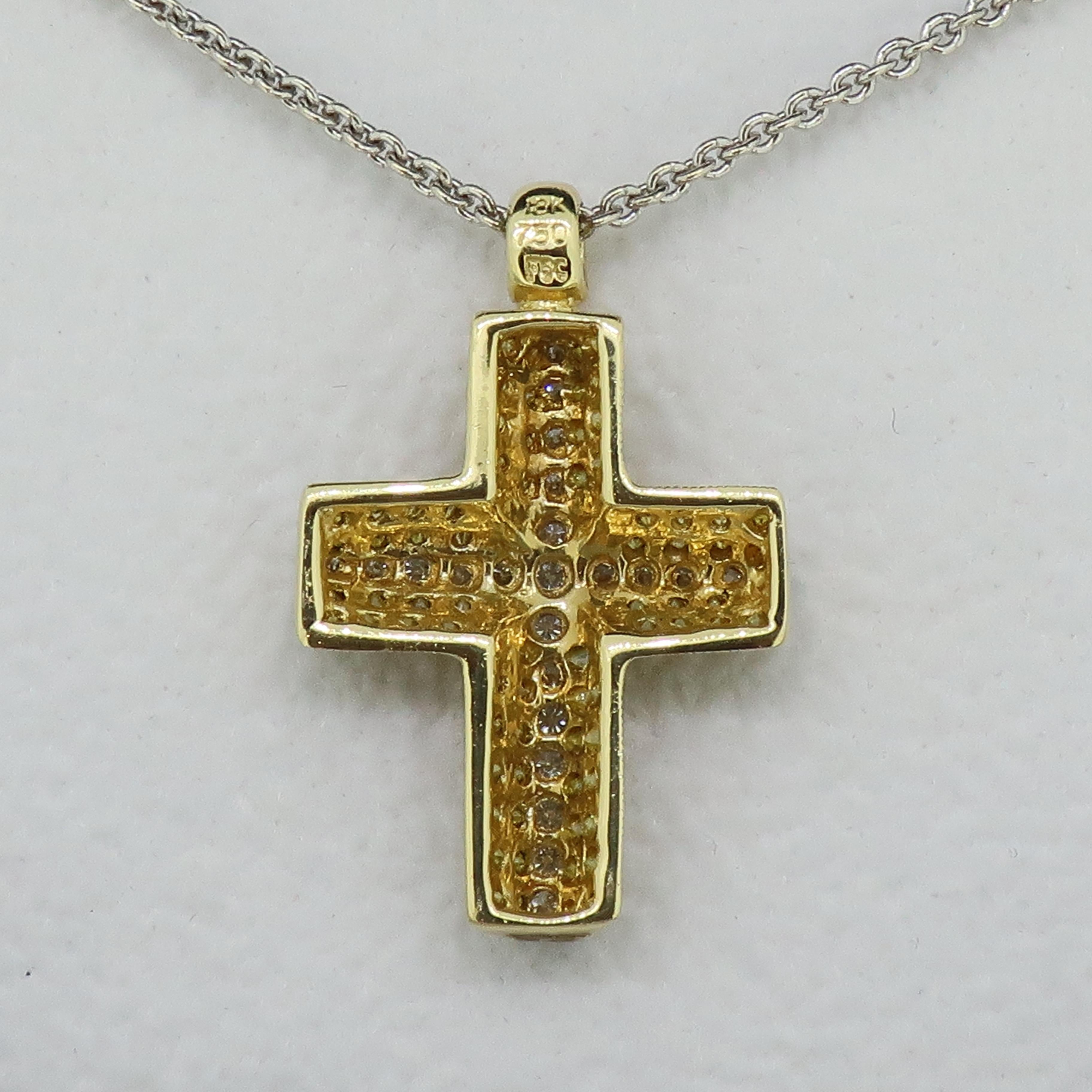 Yellow and White Diamond Cross Pendant 18 Karat Yellow and White Gold For Sale 1