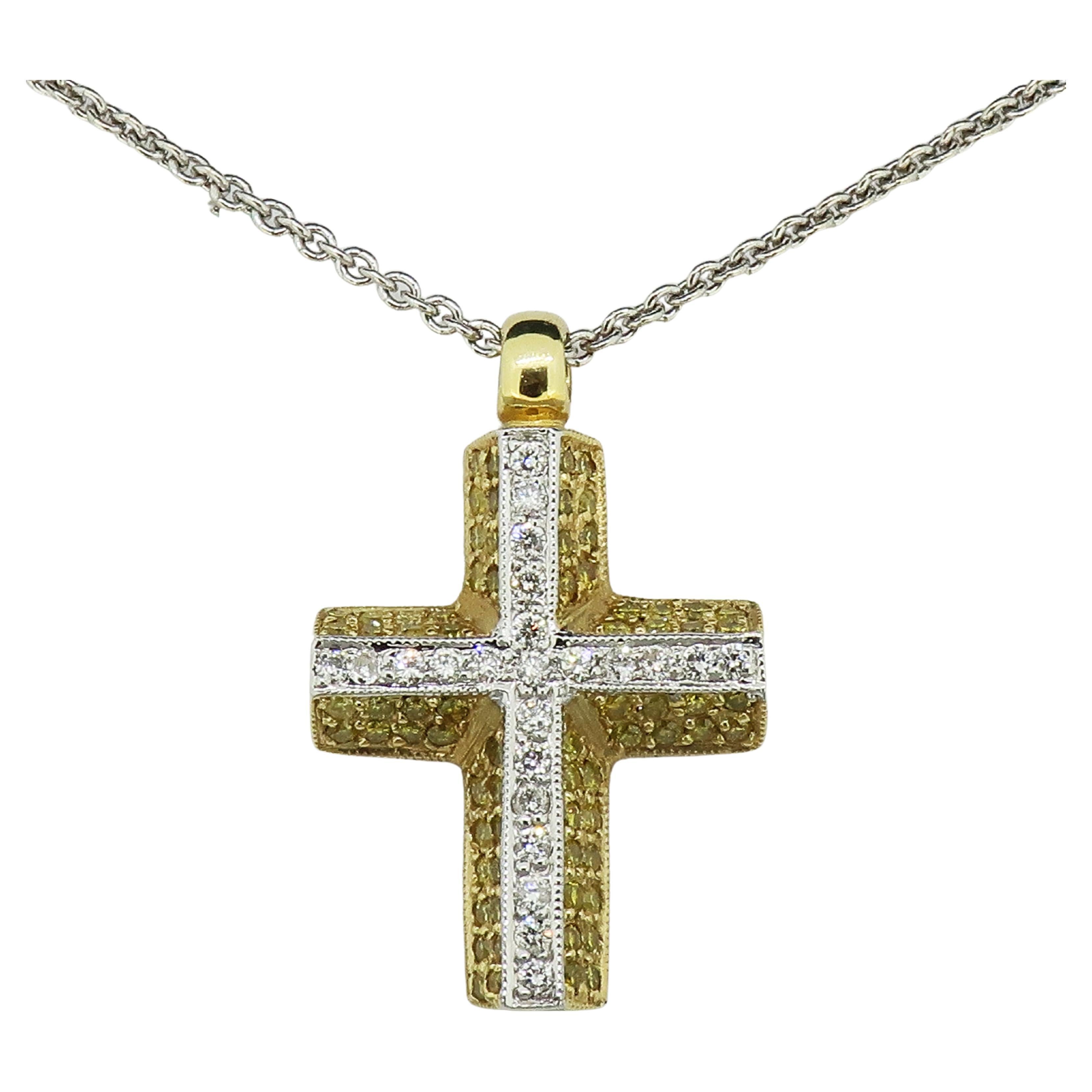 Yellow and White Diamond Cross Pendant 18 Karat Yellow and White Gold For Sale
