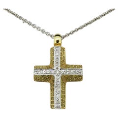 Yellow and White Diamond Cross Pendant 18 Karat Yellow and White Gold