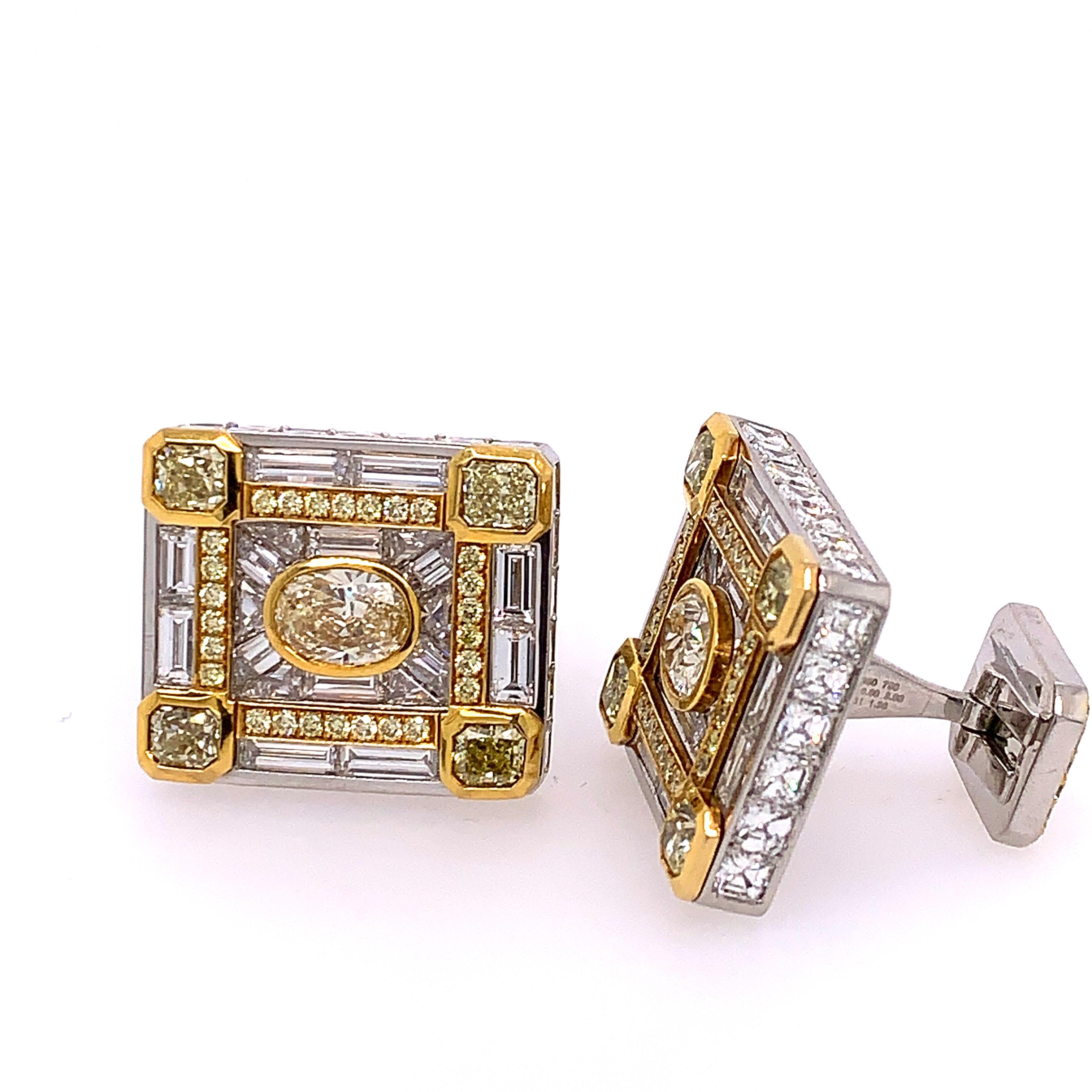 These beautiful Diamond Cufflinks contain 2 Oval-Shaped Light Yellow diamonds totaling 2.03 carats, 8 Radiant-Cut Light Yellow diamonds totaling 3.00 carats, as well as baguette, square-emerald-cut, and triangular-shaped diamonds totaling 13.30