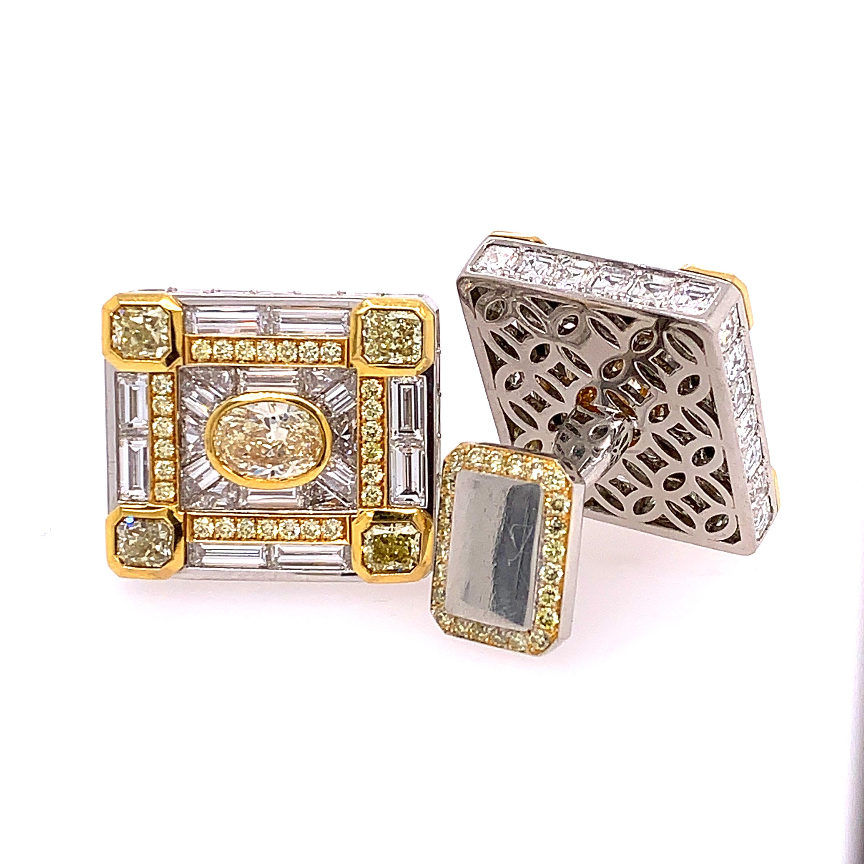 Oval Cut Yellow and White Diamond Cufflinks For Sale