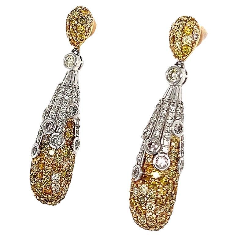Contemporary Yellow and White Diamond Dangle Earrings For Sale