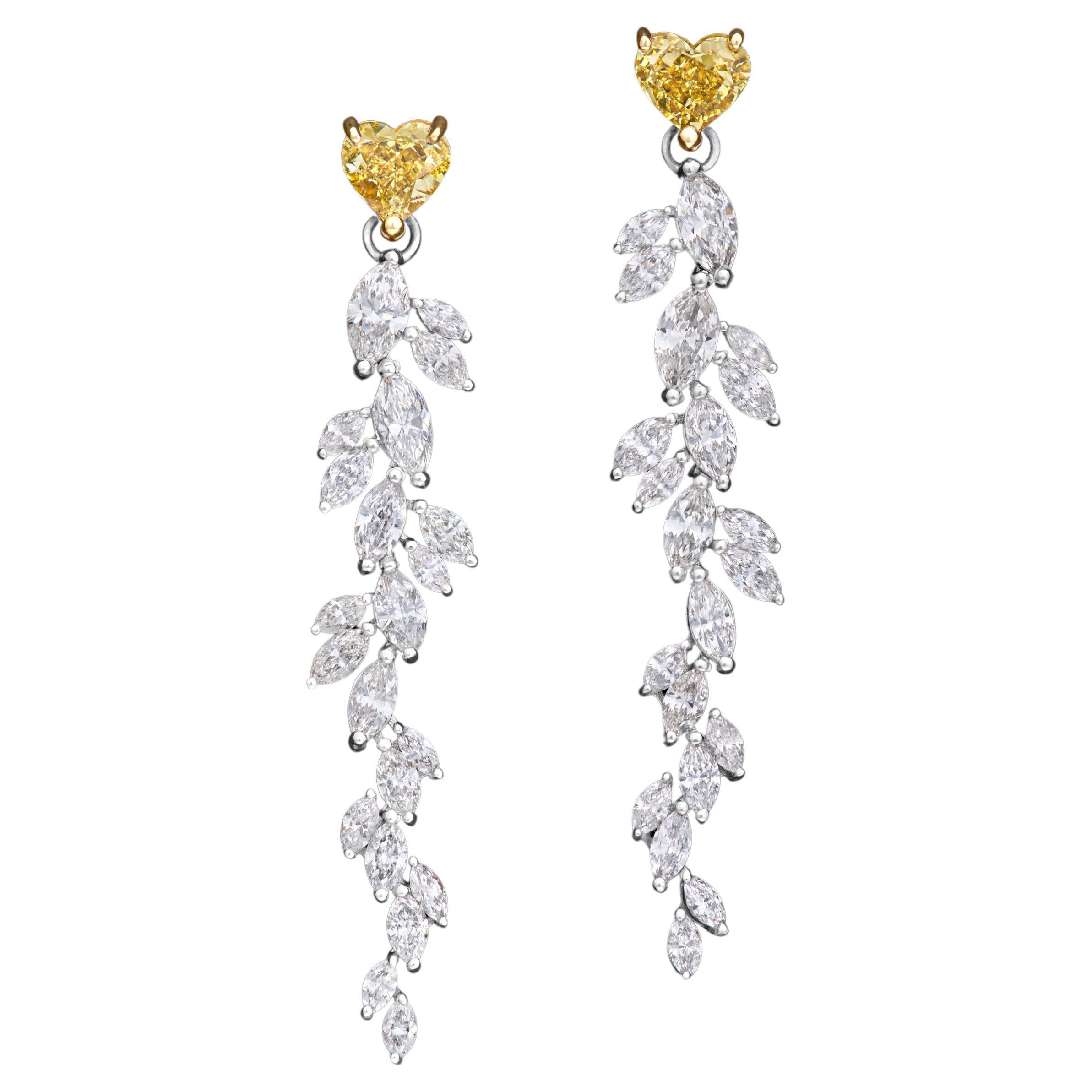 Yellow and White Diamond Dangle Earrings