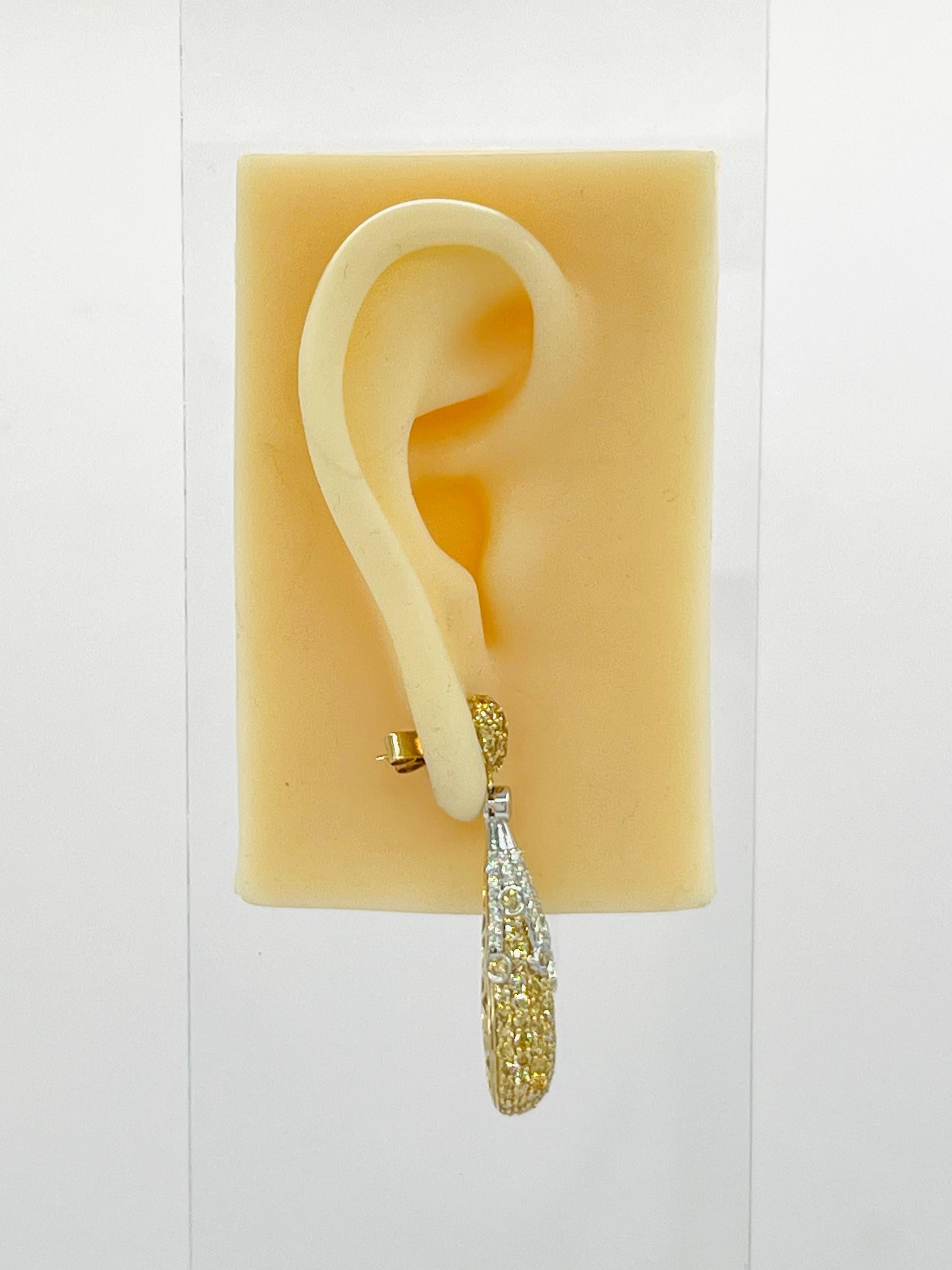 Round Cut Yellow and White Diamond Dangle Earrings in 14K 2 Tone Gold For Sale