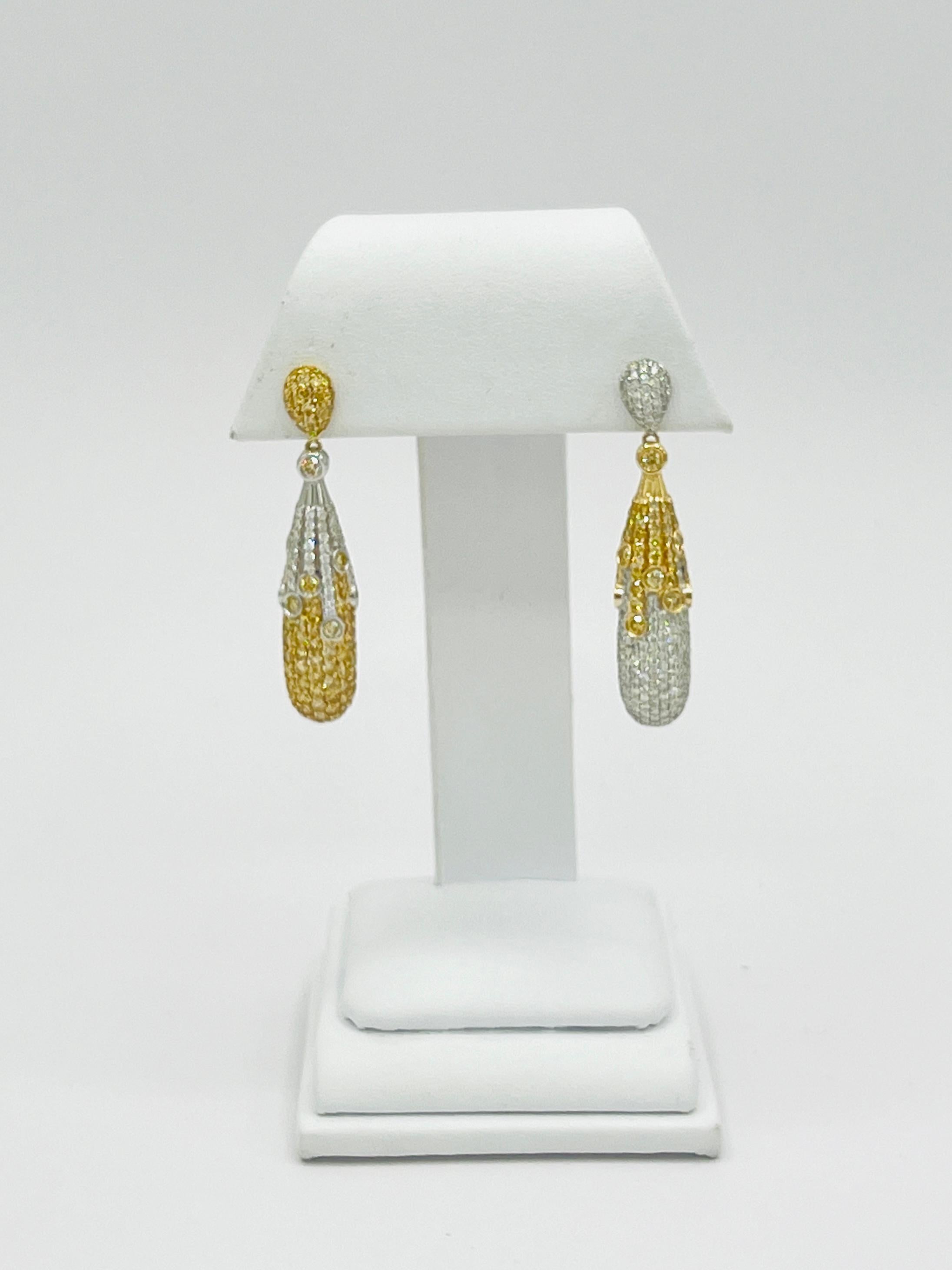 Yellow and White Diamond Dangle Earrings in 14K 2 Tone Gold For Sale 1