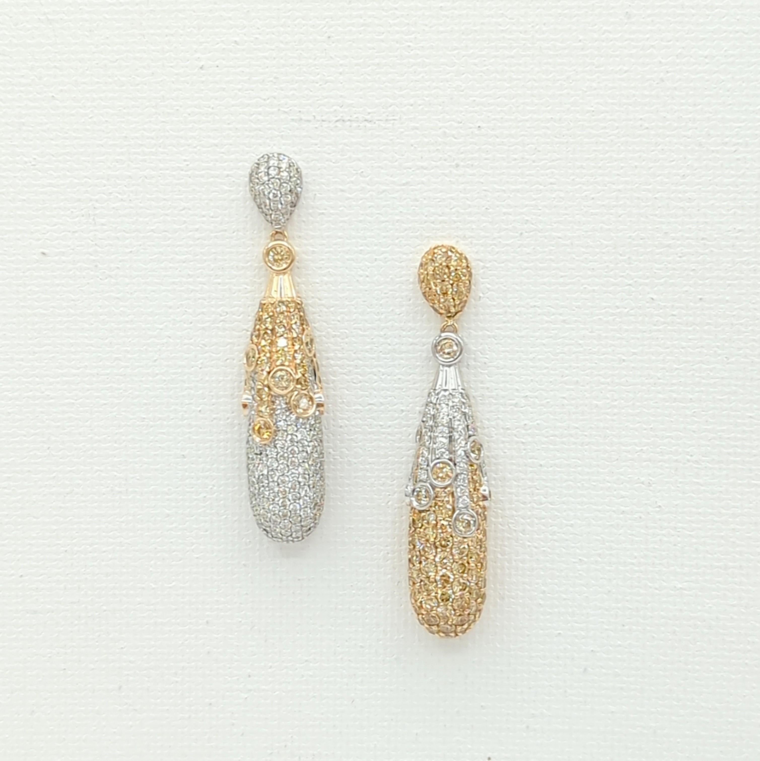 Yellow and White Diamond Dangle Earrings in 14K 2 Tone Gold For Sale 2