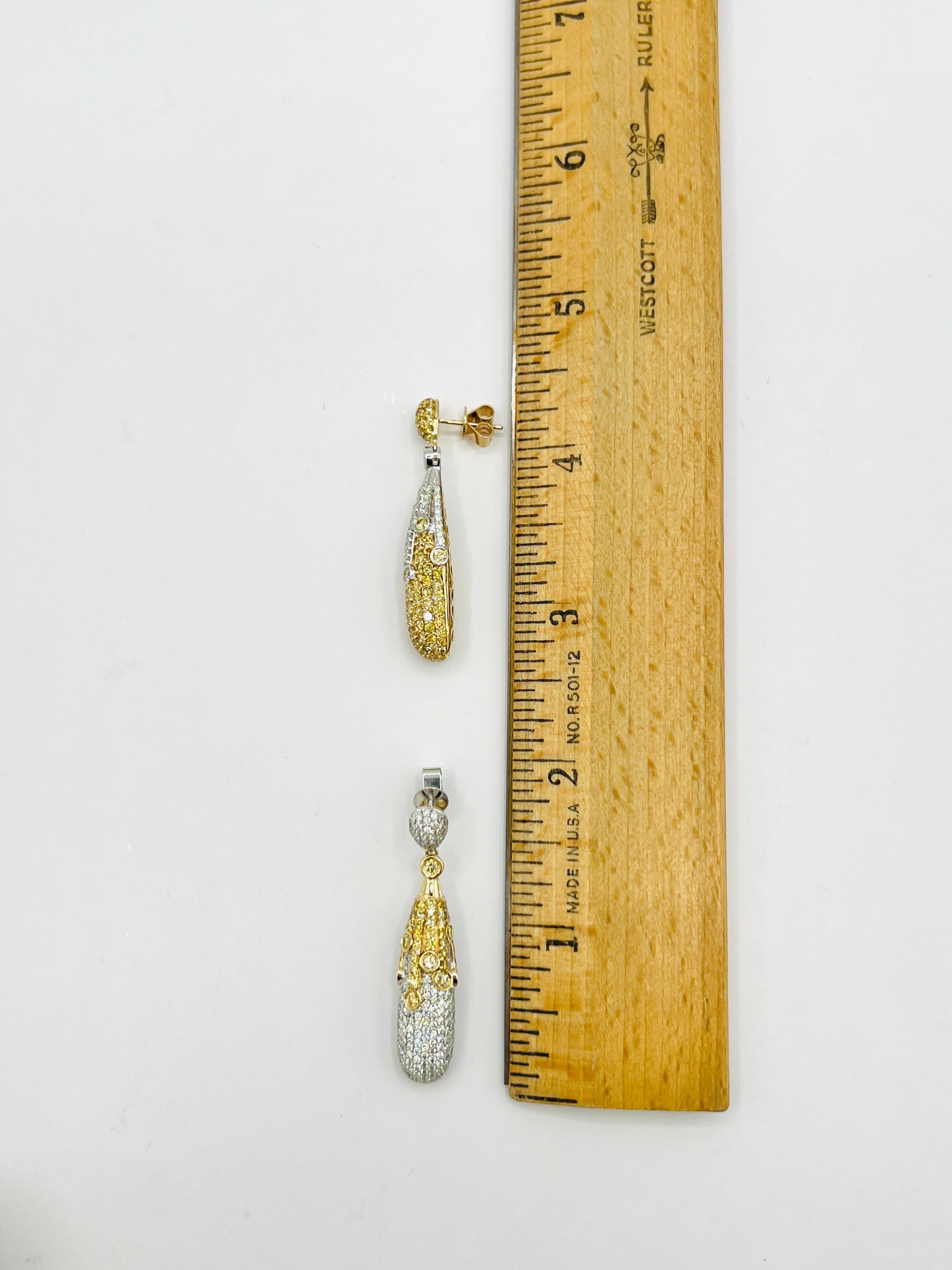 Yellow and White Diamond Dangle Earrings in 14K 2 Tone Gold For Sale 2