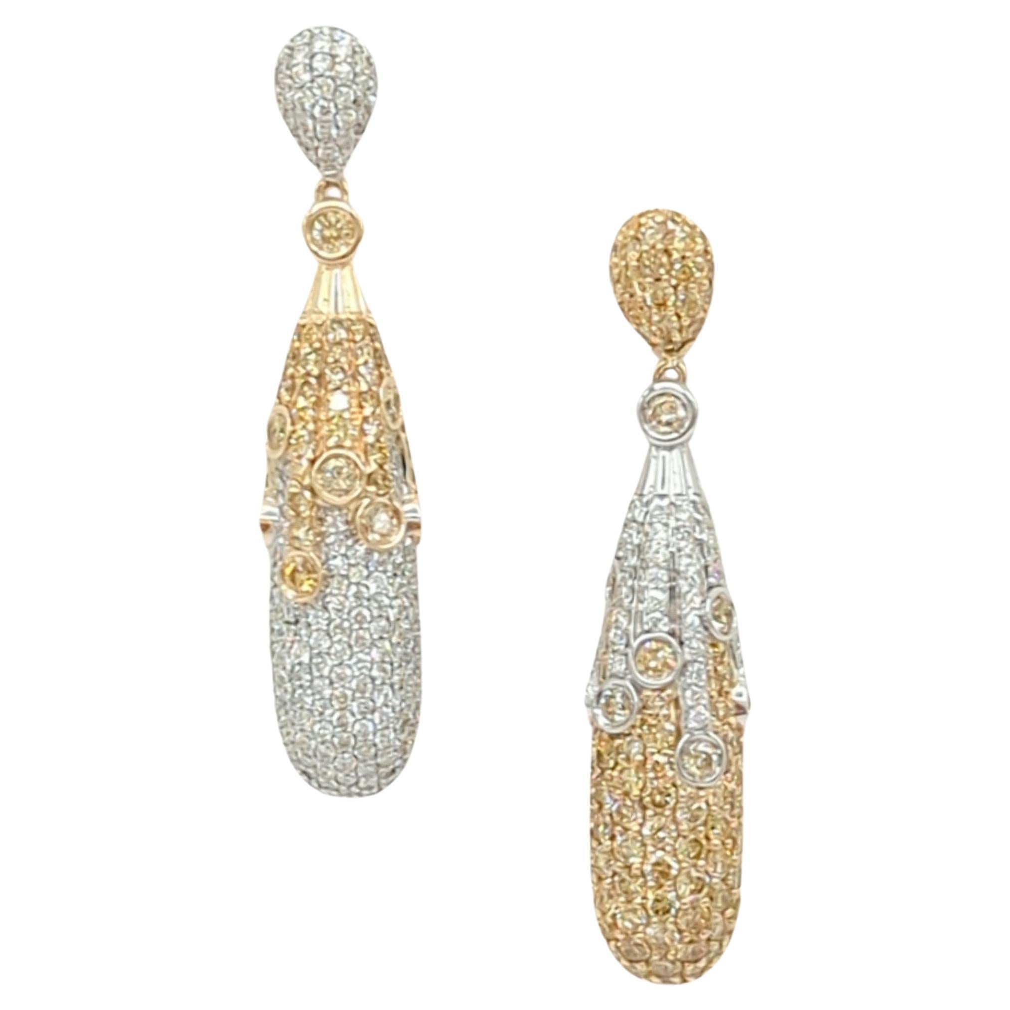 Yellow and White Diamond Dangle Earrings in 14K 2 Tone Gold For Sale