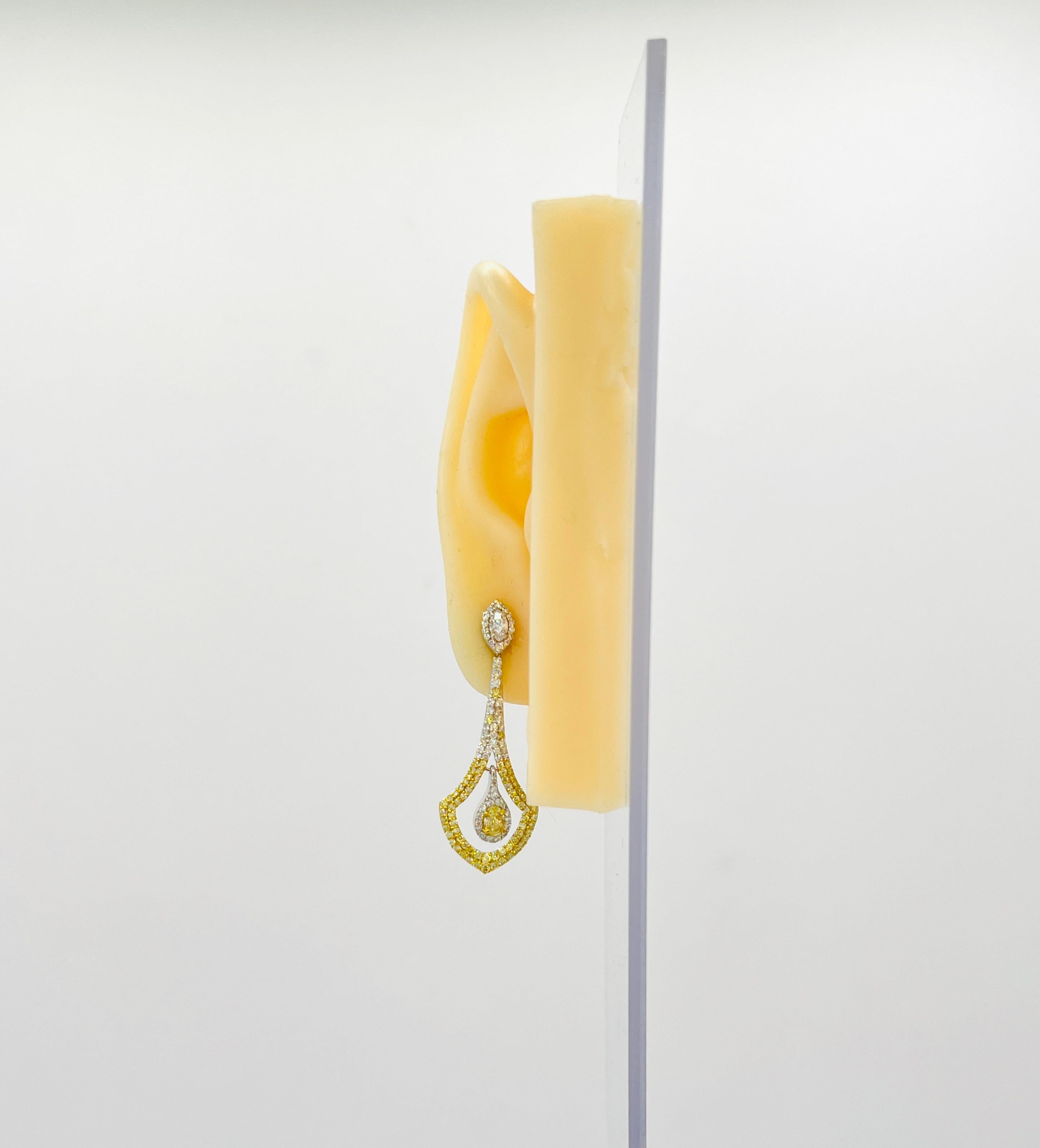 Marquise Cut Yellow and White Diamond Dangle Earrings in 18k White Gold For Sale