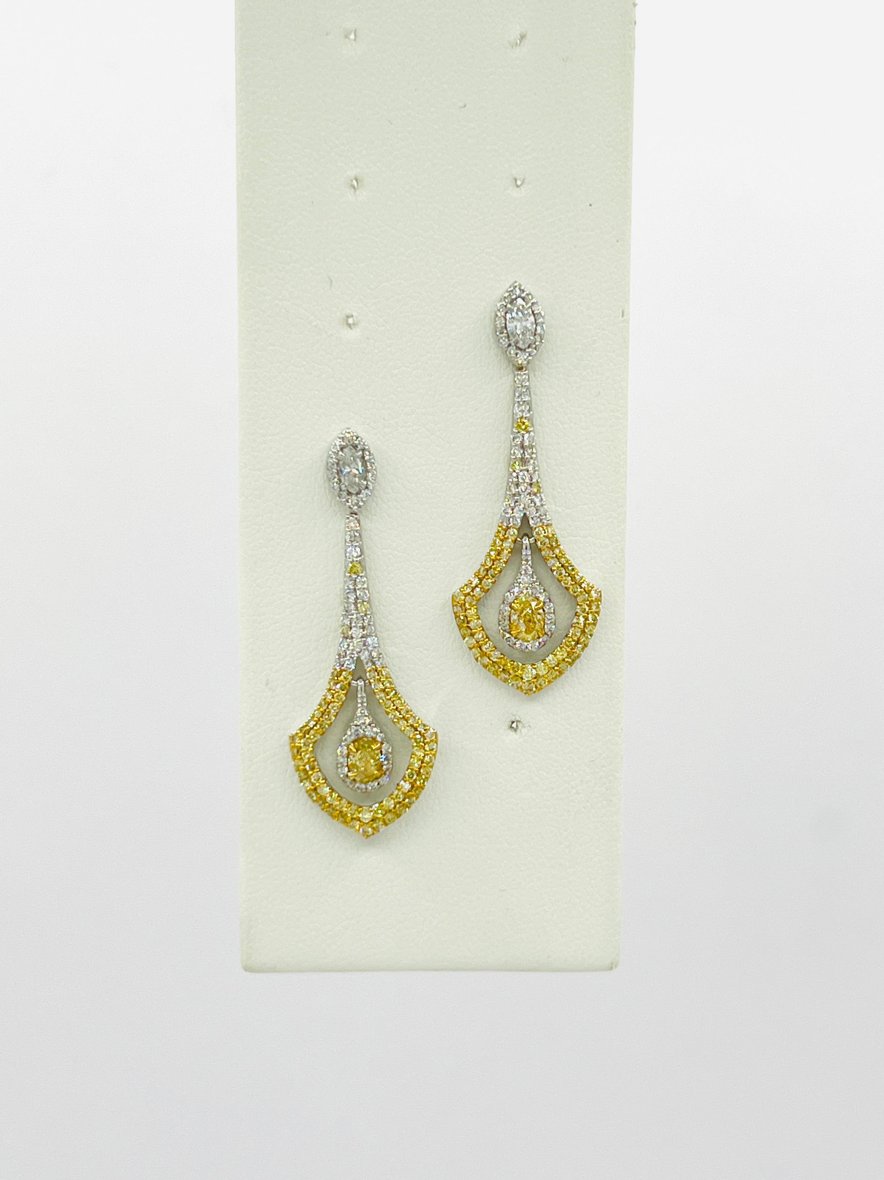 Women's or Men's Yellow and White Diamond Dangle Earrings in 18k White Gold For Sale