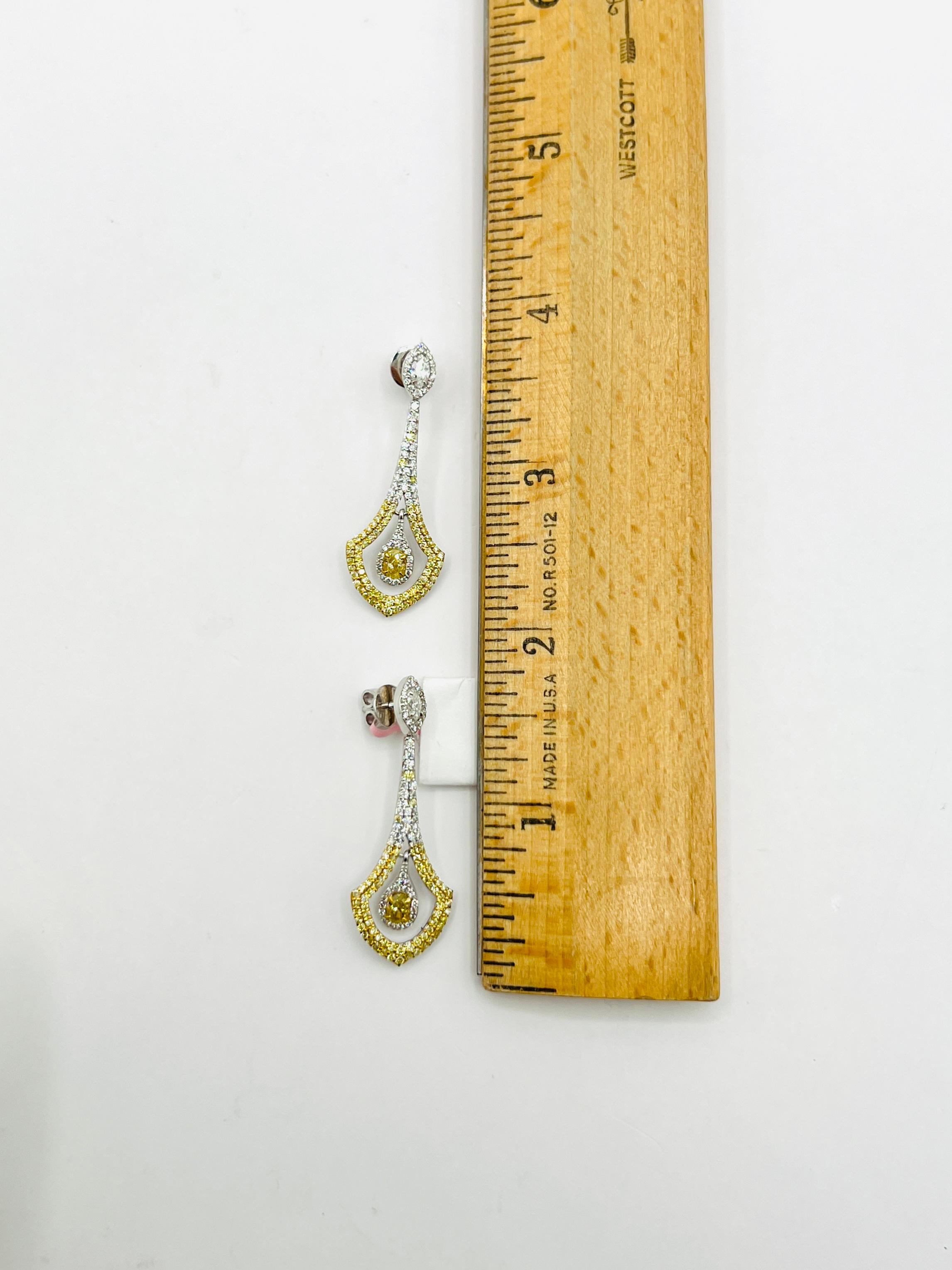 Yellow and White Diamond Dangle Earrings in 18k White Gold For Sale 2