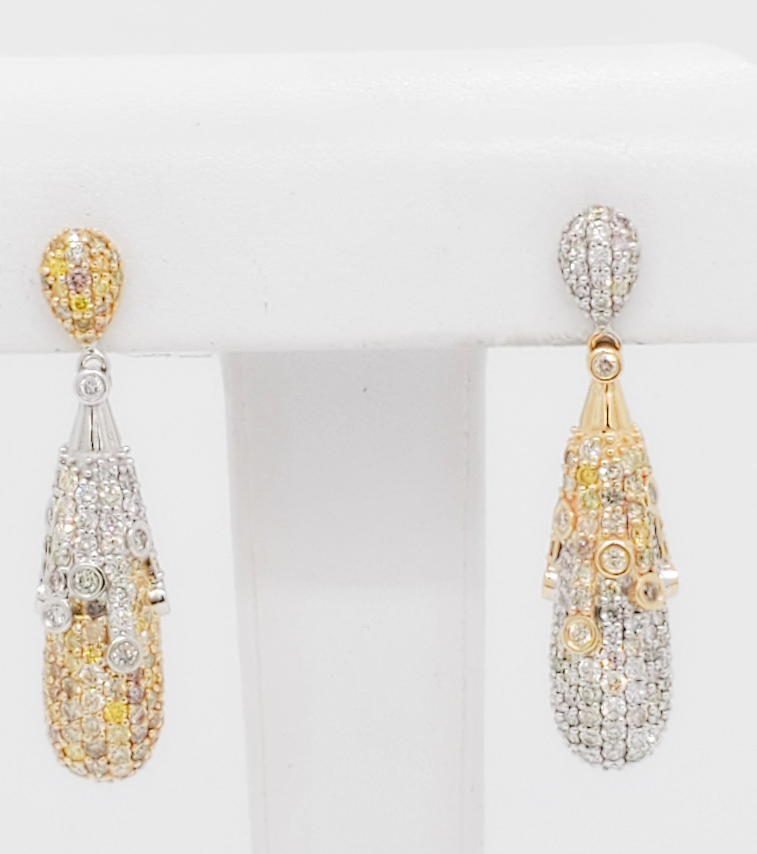Yellow and White Diamond Day and Night Dangle Earrings in 14k Gold For Sale 1