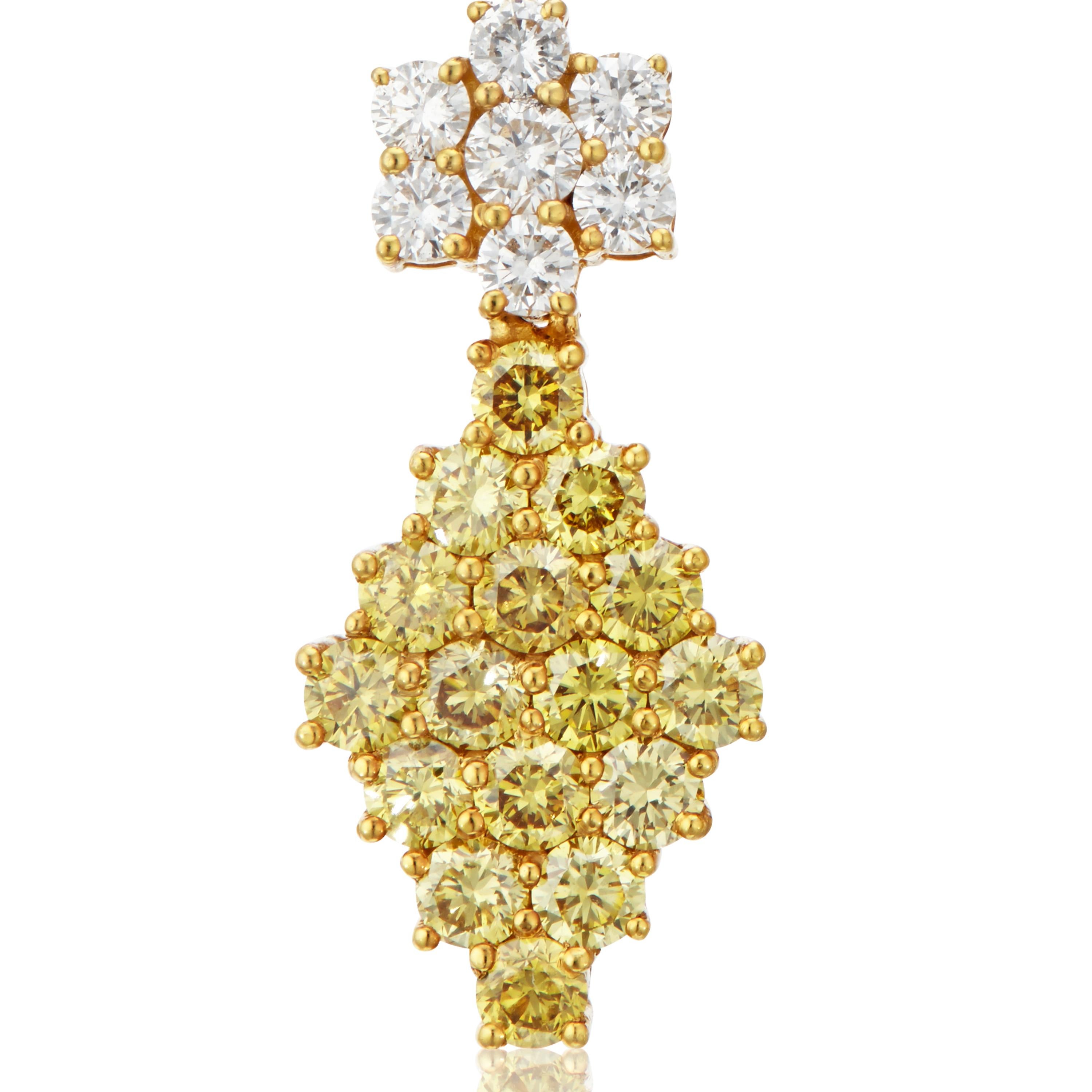 Combined diamond weight in the pair of earrings is  2.71-carats. 
This item's measurements are:
Length: 4 cm 
Width: 1 cm 

From the exclusive Manpriya B's Atelier collection, this Art Deco-inspired piece features gorgeous yellow and white brilliant