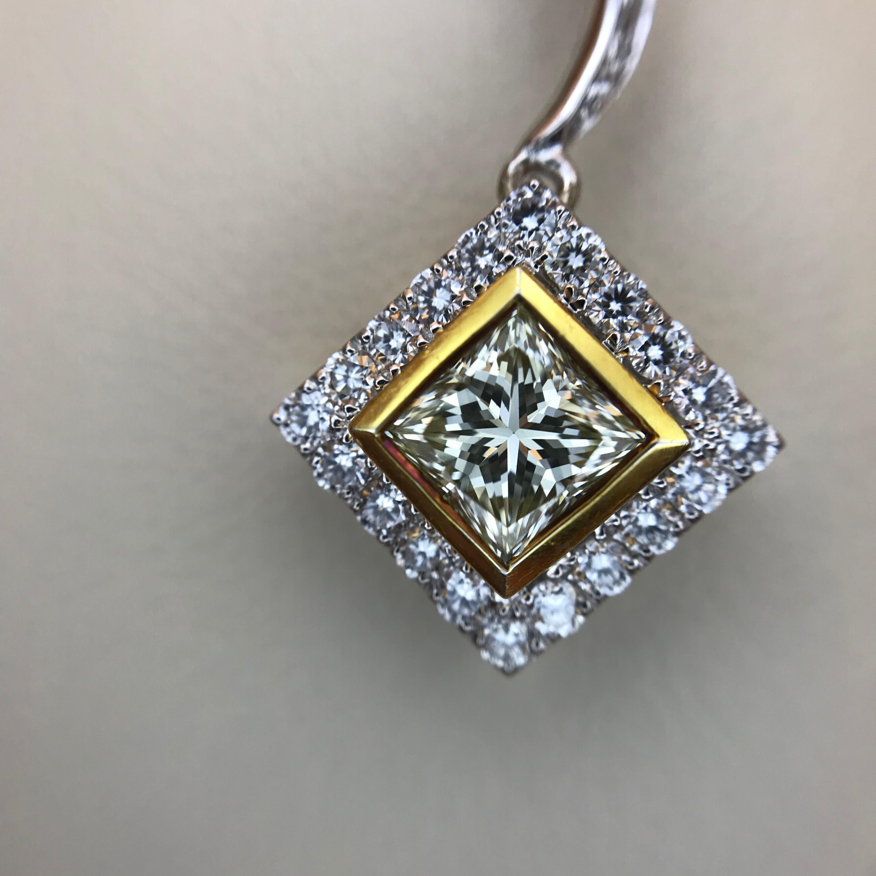 Princess Cut Yellow and White Diamond Earrings For Sale