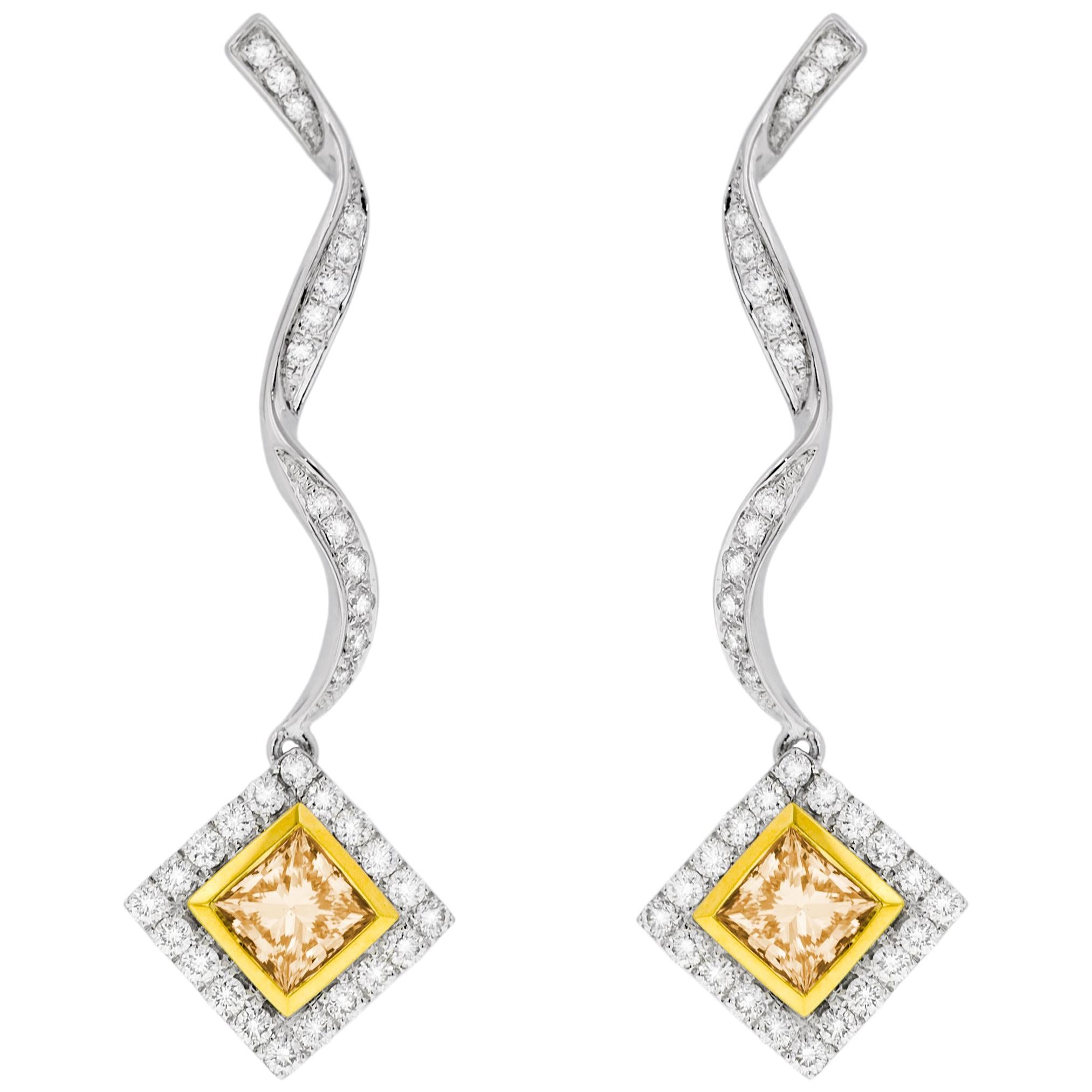 Yellow and White Diamond Earrings For Sale
