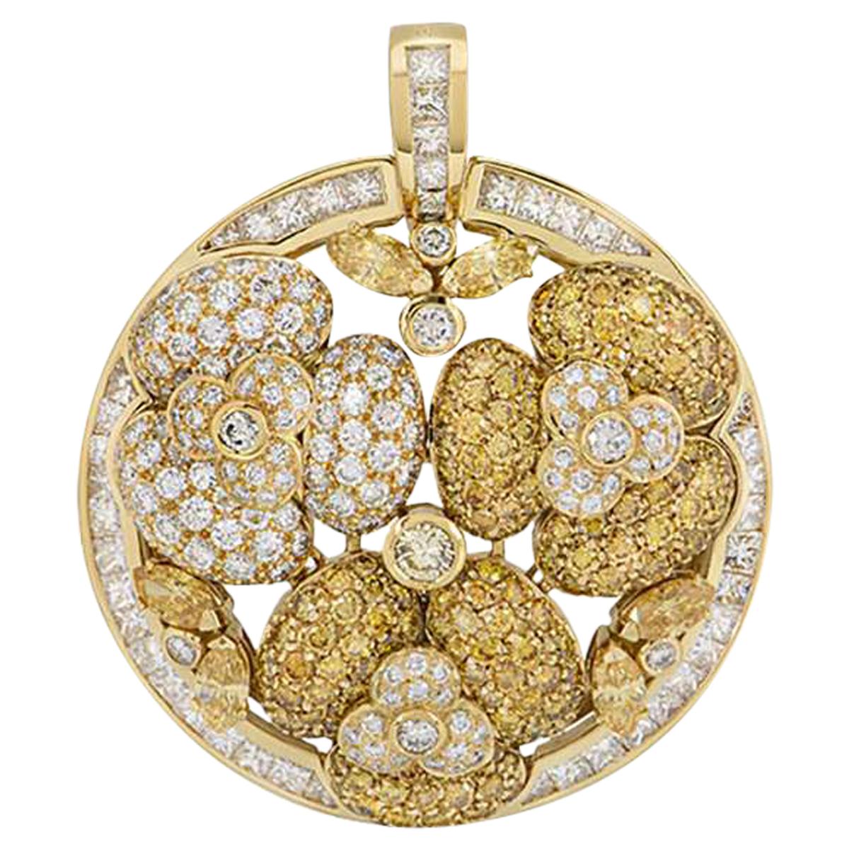 Yellow and White Diamond Floral Pendant 10.43 Carat For Sale