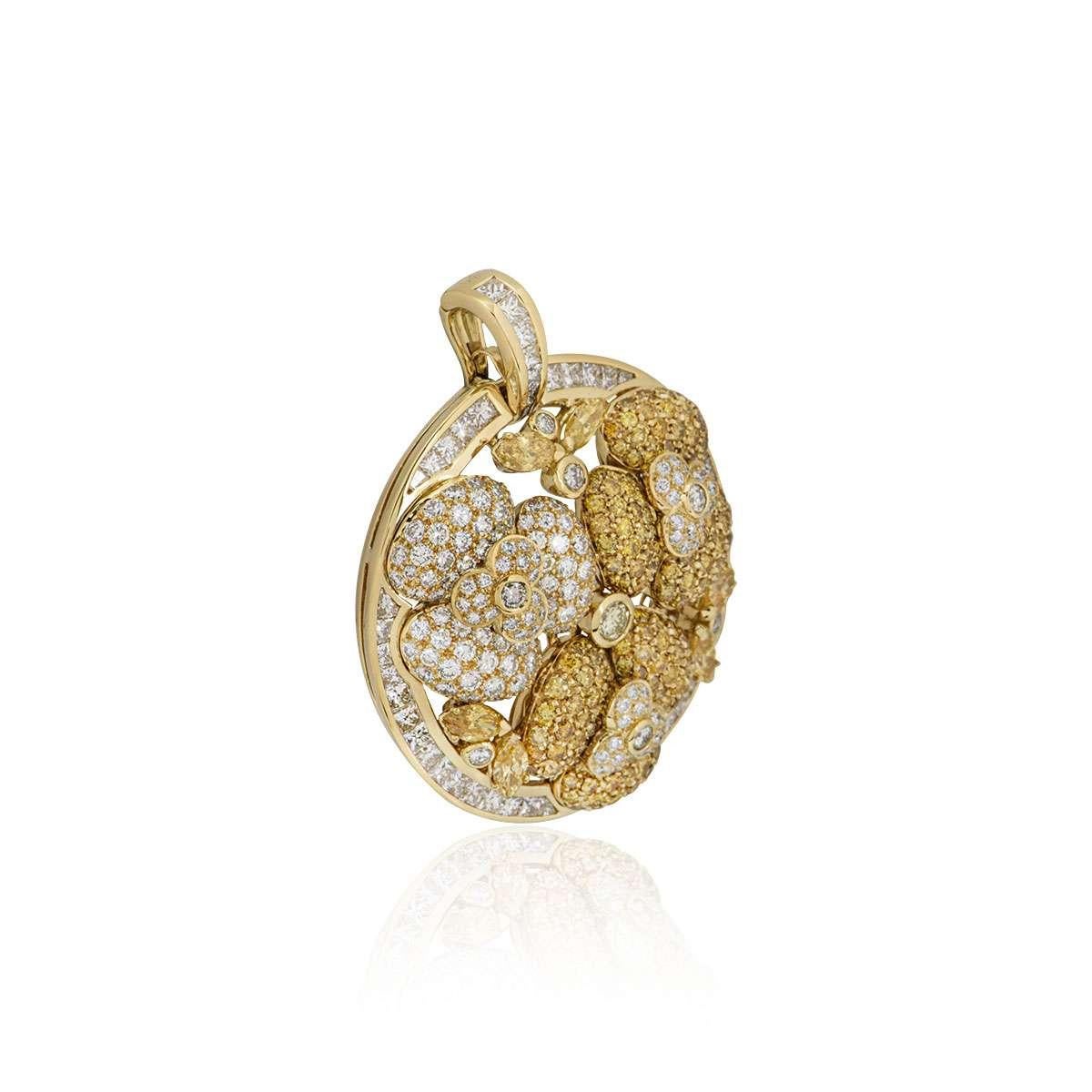Round Cut Yellow and White Diamond Floral Pendant 10.43 Carat For Sale