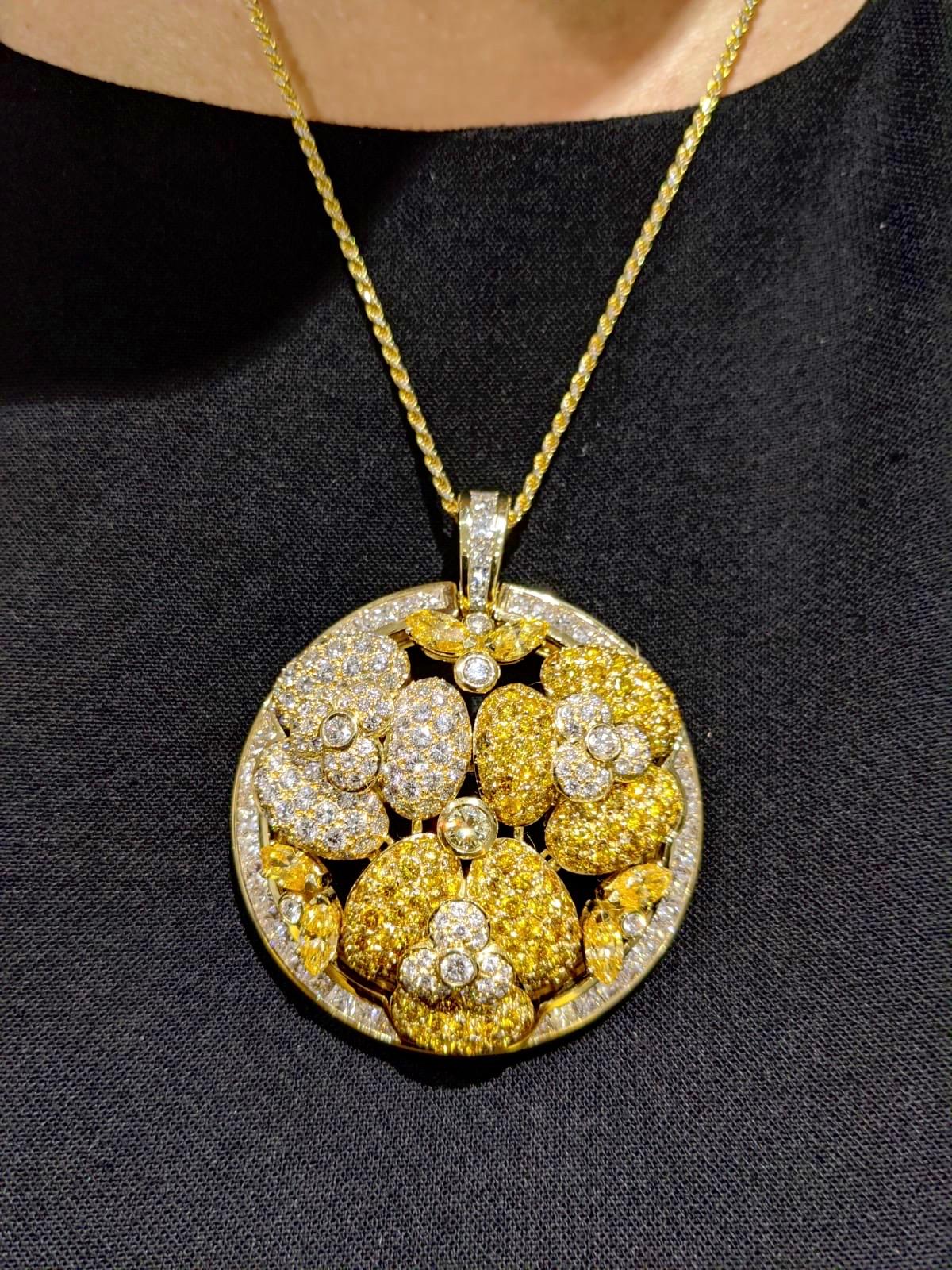 Yellow and White Diamond Floral Pendant 10.43 Carat For Sale 1