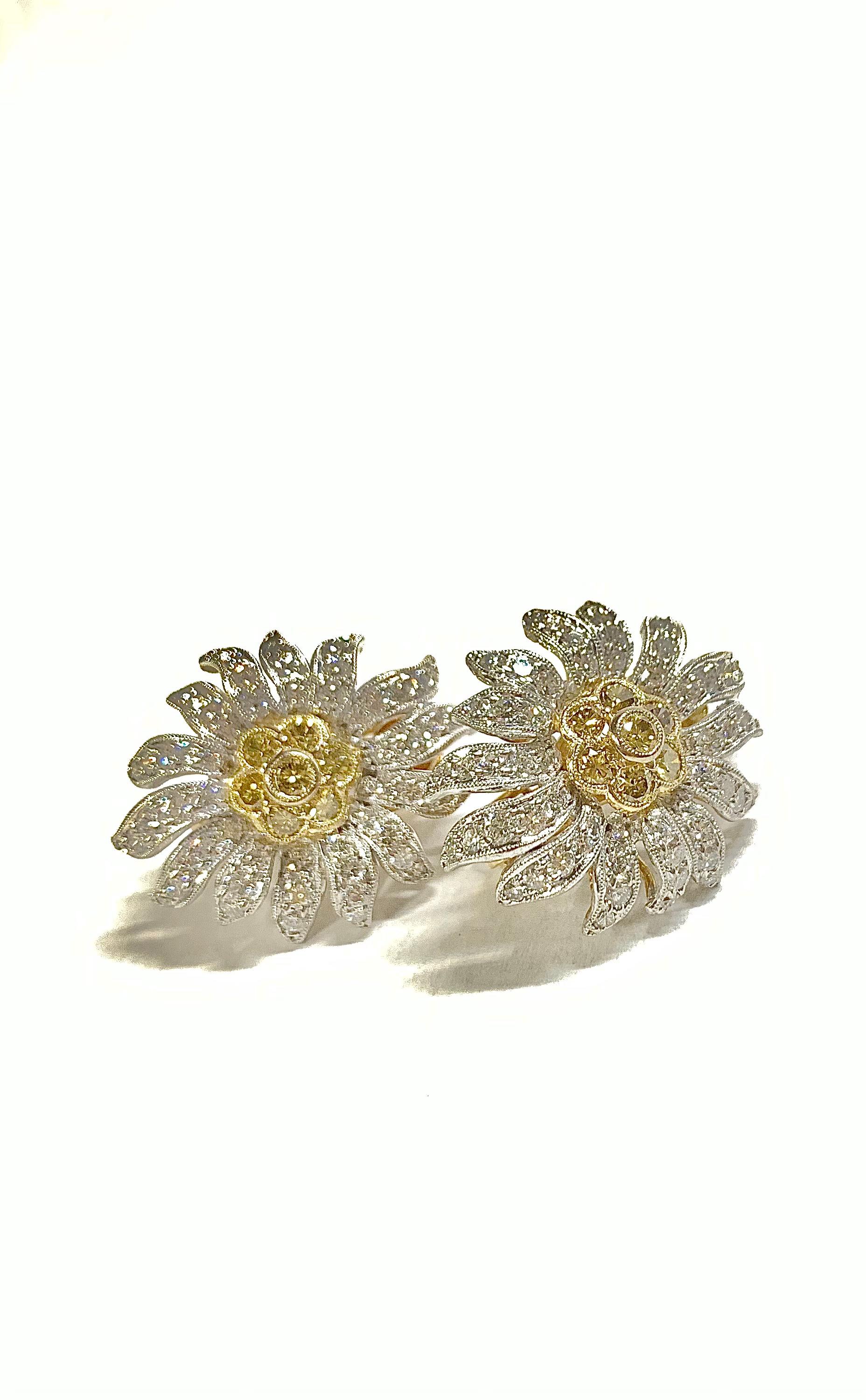 Beautiful Yellow and White Diamond Flower Earrings with a Beaded Edges in 18K Yellow Gold 

Stones: Yellow Diamonds 
Stone Shape: Round
Stone Carat: 0.80 Carat
Stones: Diamonds 
Stone Shape: Round  
Stone Weight: 2.00 Carat 
Material: 18K Yellow