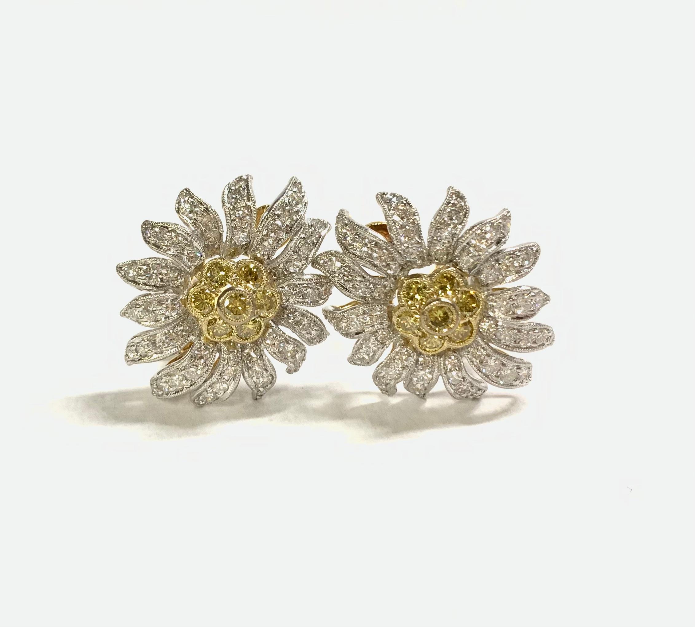 Women's or Men's Yellow and White Diamond Flower Earrings