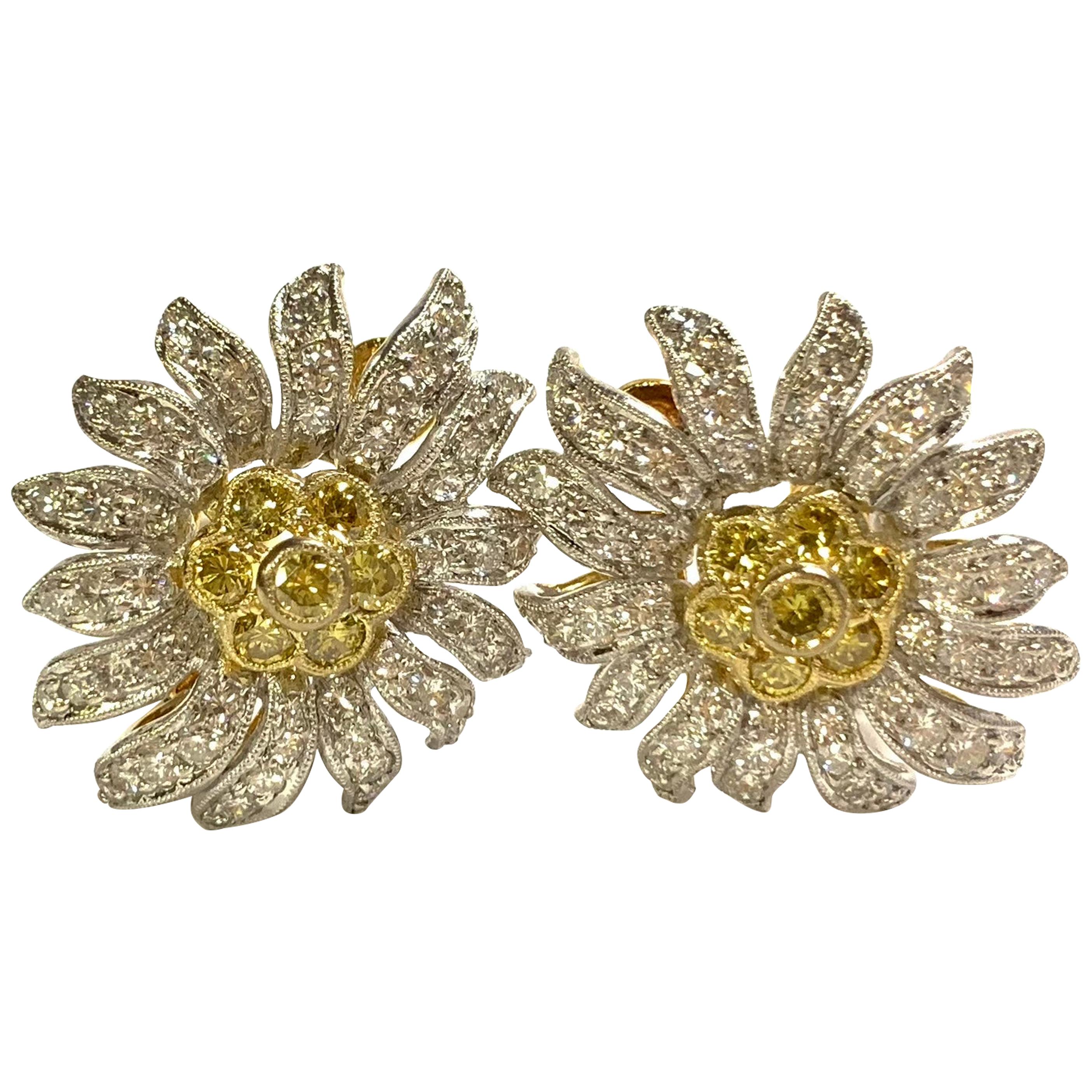 Yellow and White Diamond Flower Earrings
