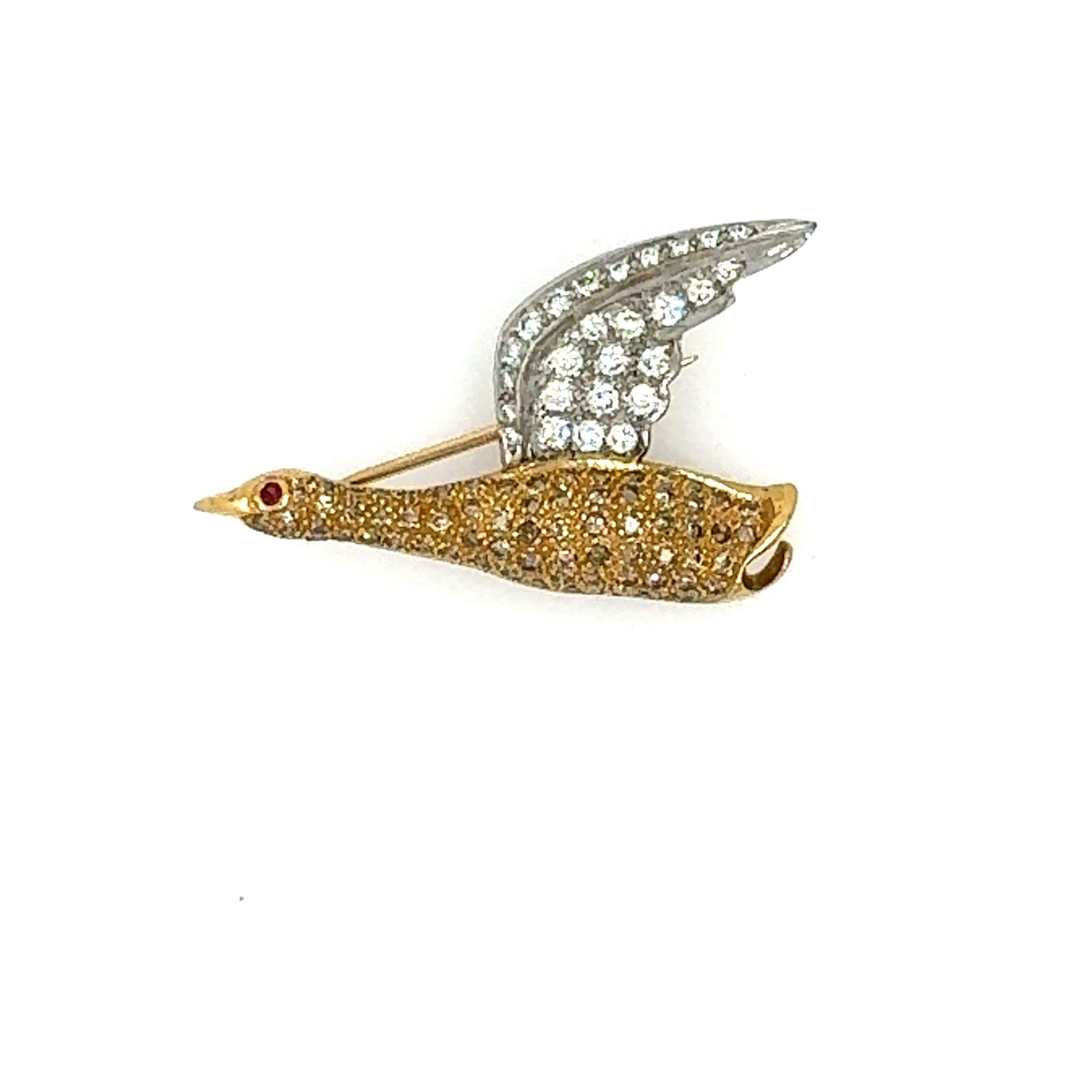Round Cut Yellow and White Diamond Flying Duck Brooch For Sale