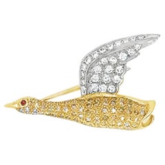 Yellow and White Diamond Flying Duck Brooch