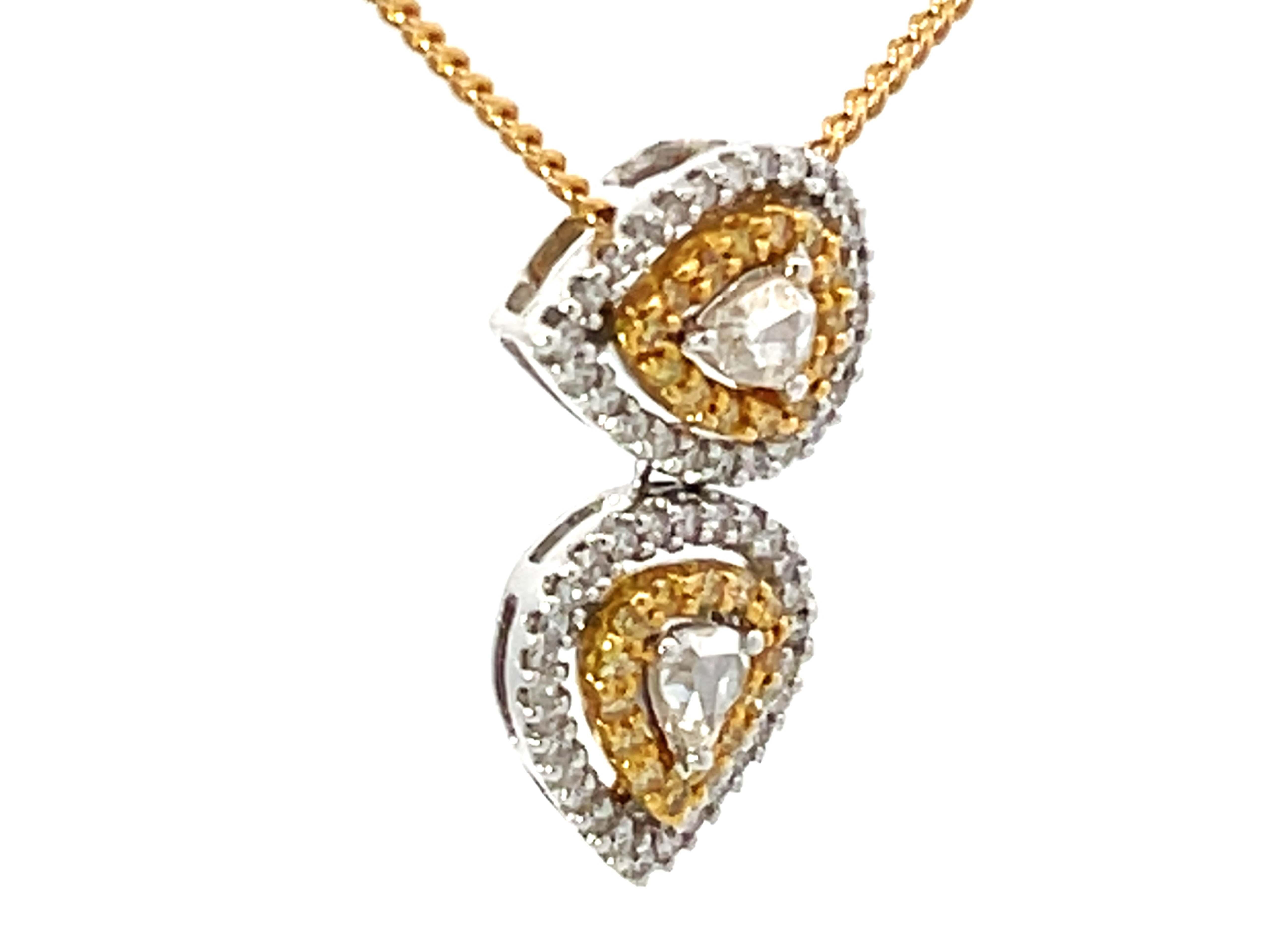 Modern Yellow and White Diamond Halo Pear Shaped Necklace 18k Yellow Gold For Sale
