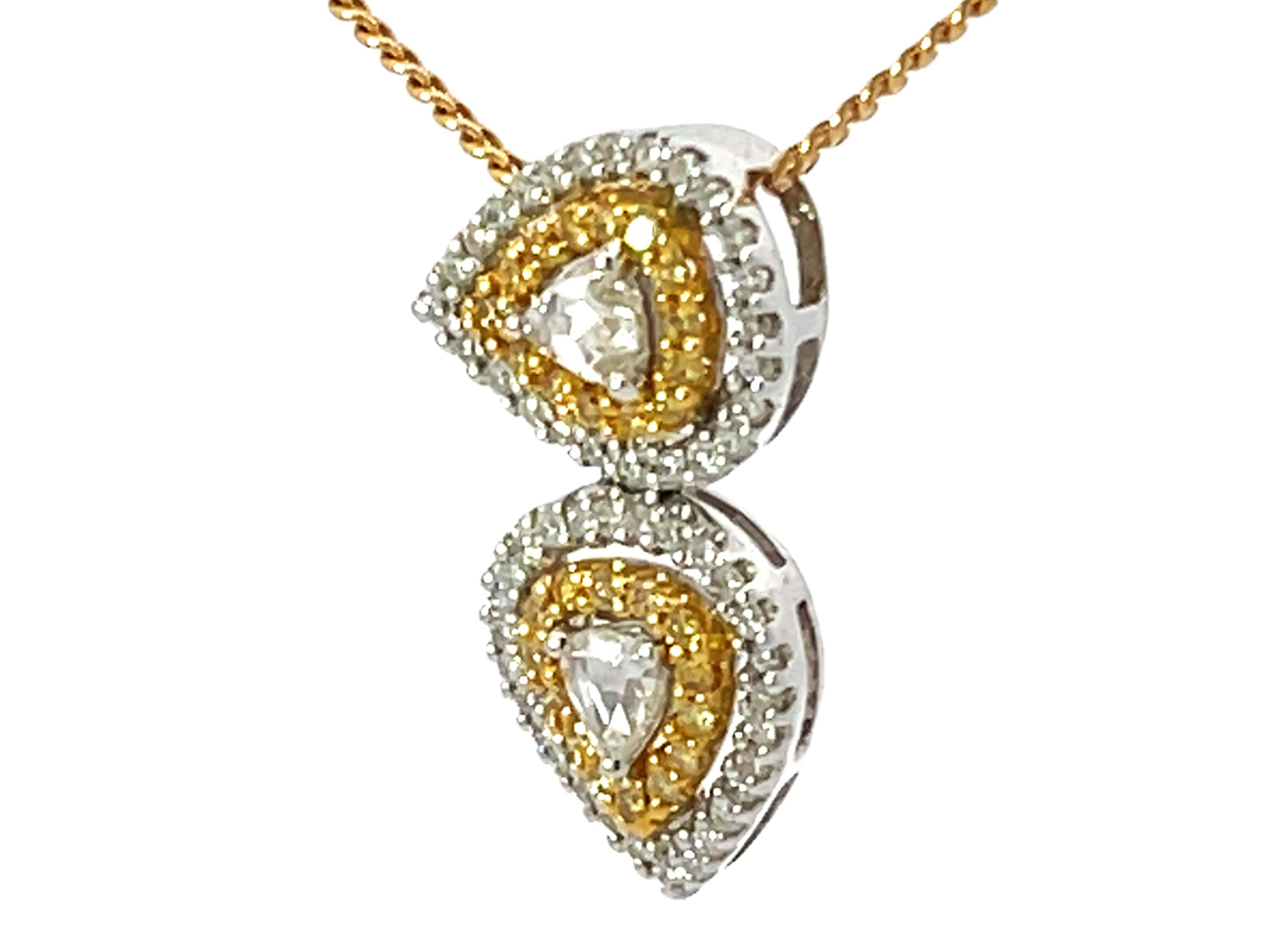 Rose Cut Yellow and White Diamond Halo Pear Shaped Necklace 18k Yellow Gold For Sale