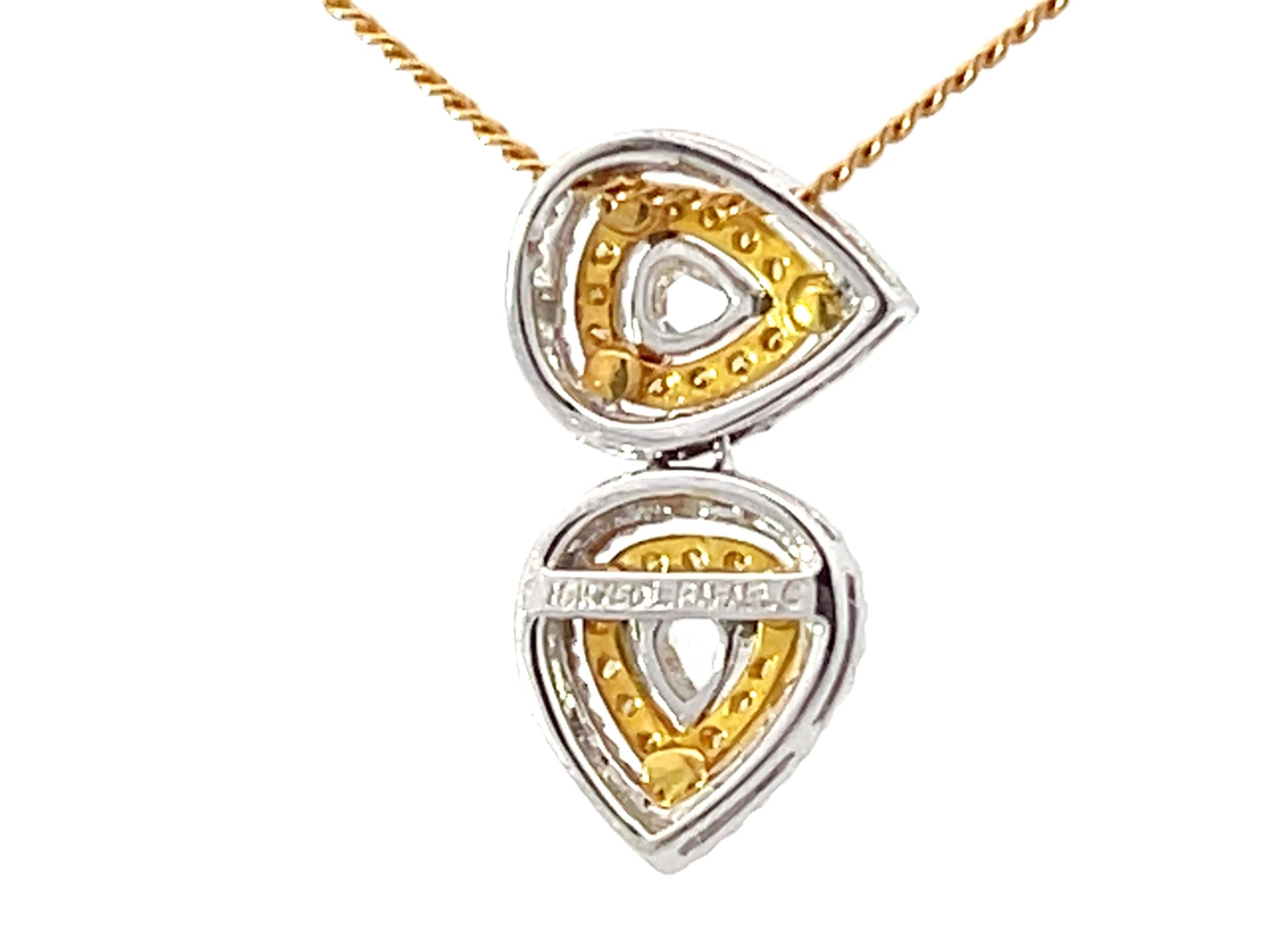 Yellow and White Diamond Halo Pear Shaped Necklace 18k Yellow Gold For Sale 1