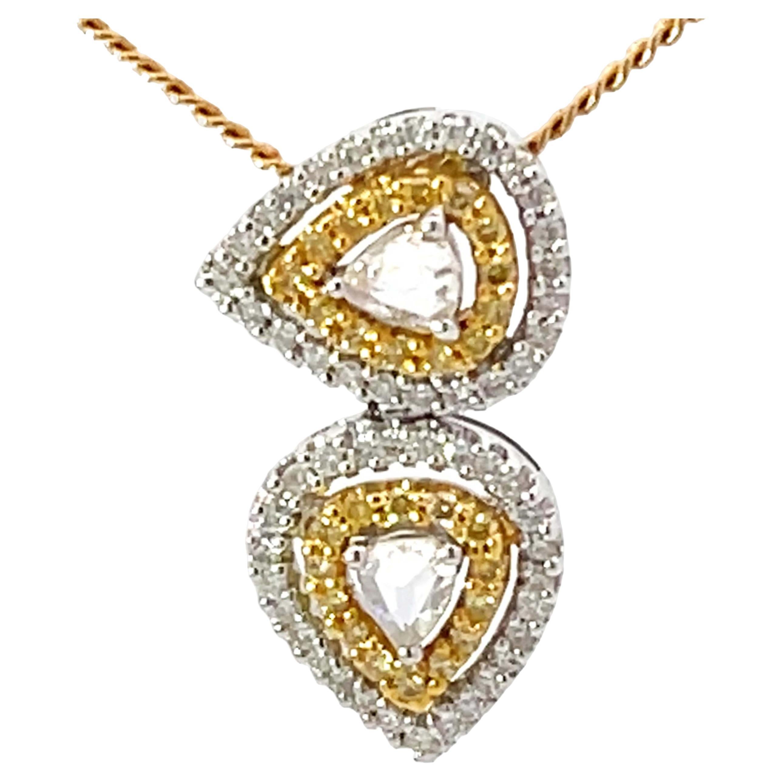 Yellow and White Diamond Halo Pear Shaped Necklace 18k Yellow Gold For Sale