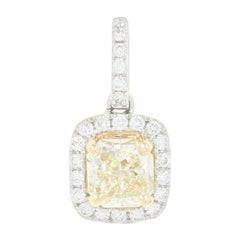 Yellow and White Diamond Halo Pendant 14 Karat White Gold Radiant Cut 1.20 Carat