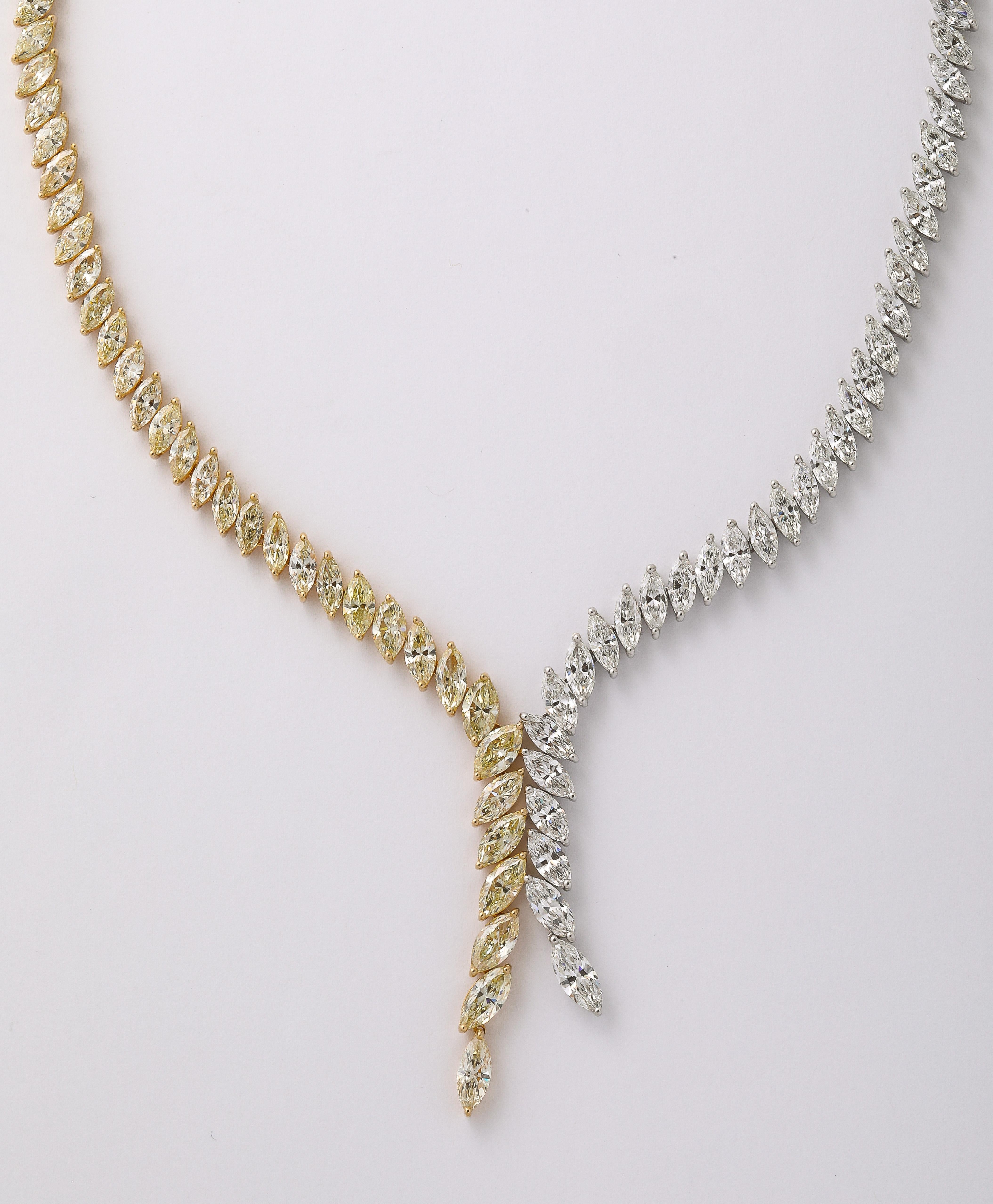 Yellow and White Diamond Marquise Necklace  In New Condition For Sale In New York, NY