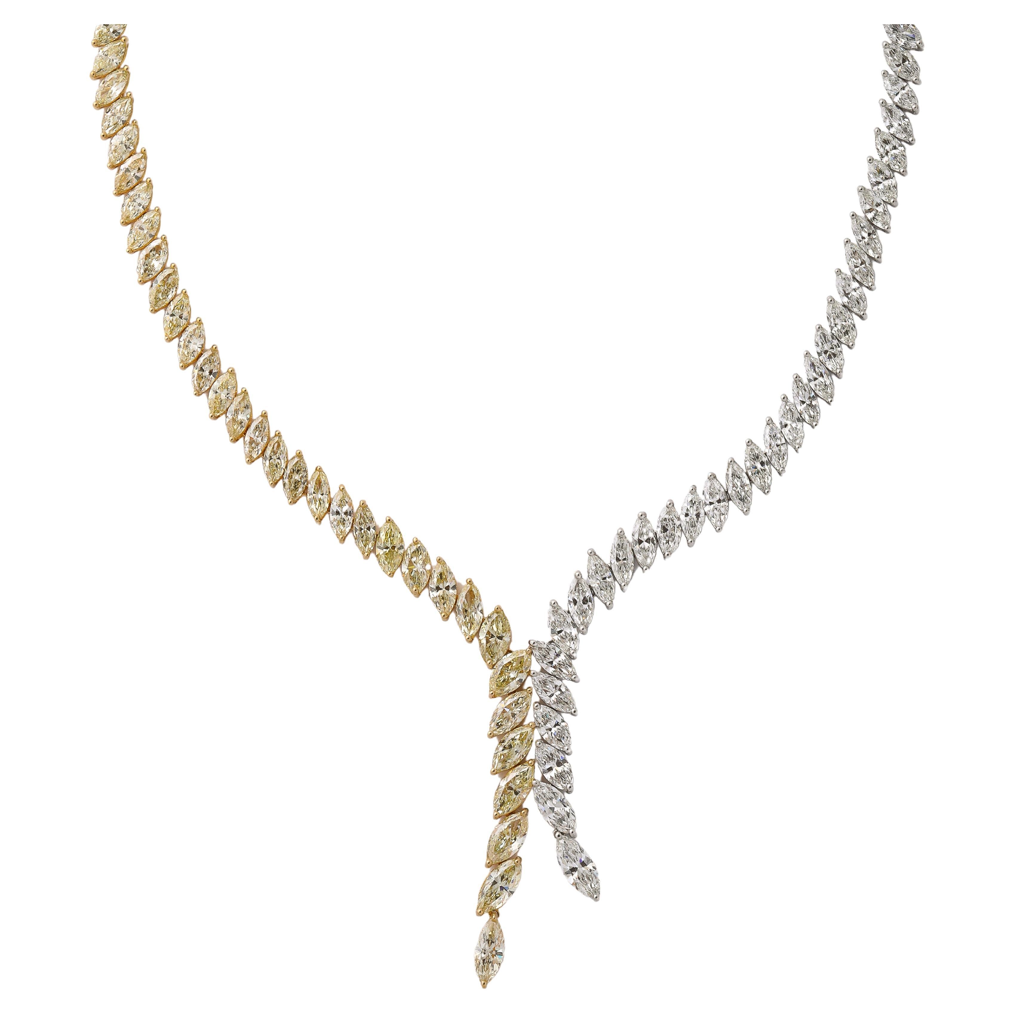 Yellow and White Diamond Marquise Necklace  For Sale