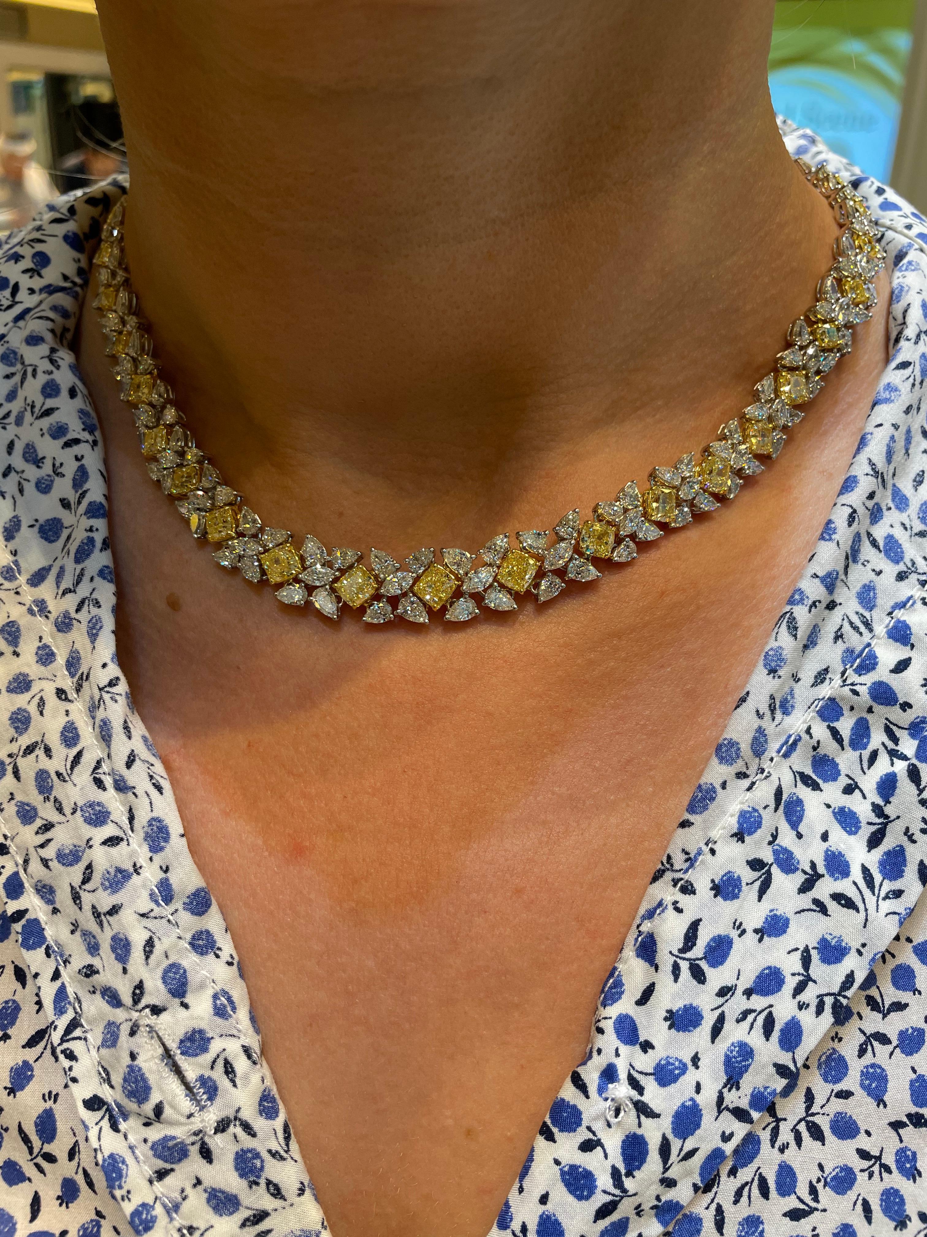 Cushion Cut Yellow and White Diamond Necklace For Sale