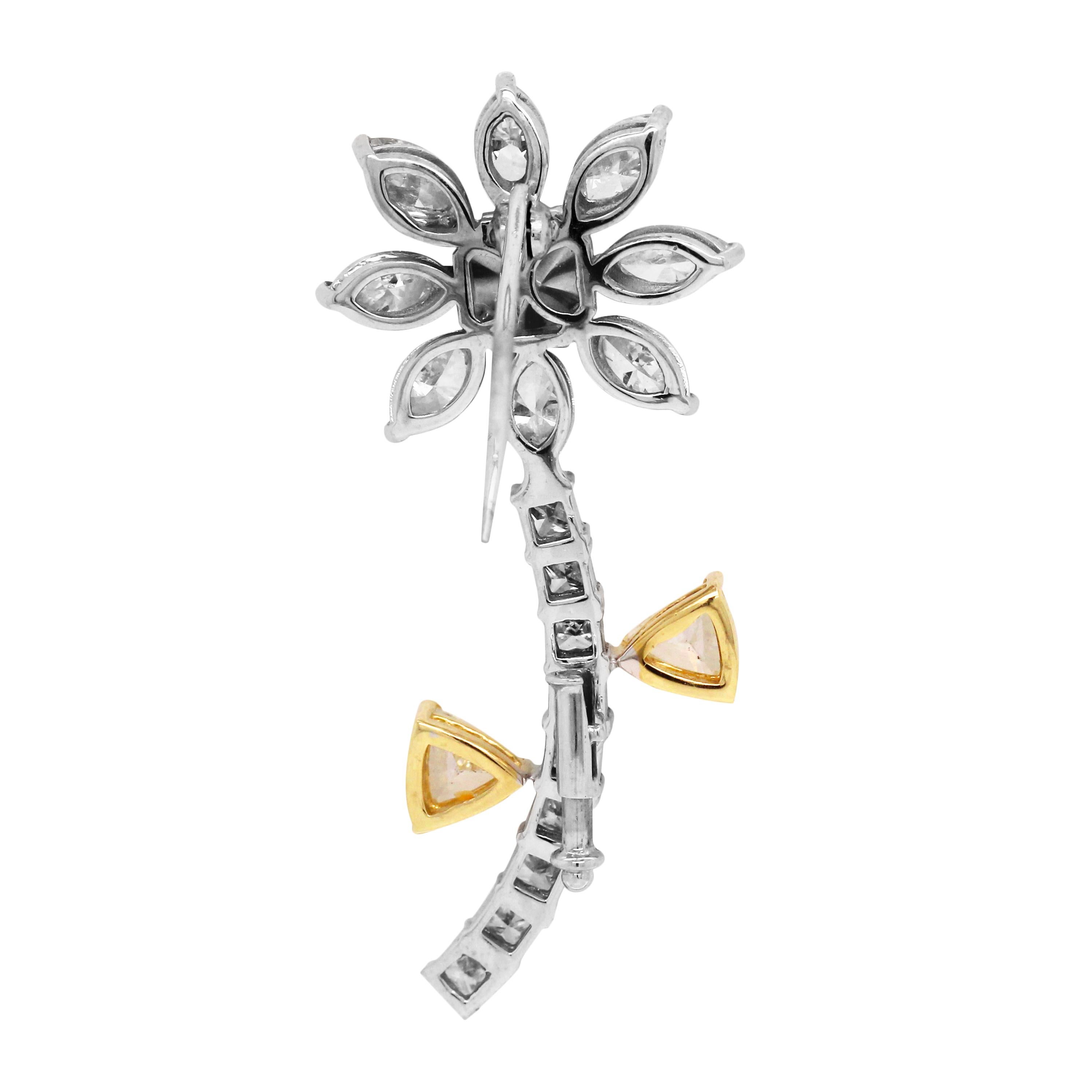 18k Yellow and White Diamond Palm Tree Brooch Pin with Fancy Cut Diamonds

This one-of-a-kind brooch features a cushion-cut yellow diamond center surrounded with marquise diamonds. Below are round diamonds set on the tree branch with two