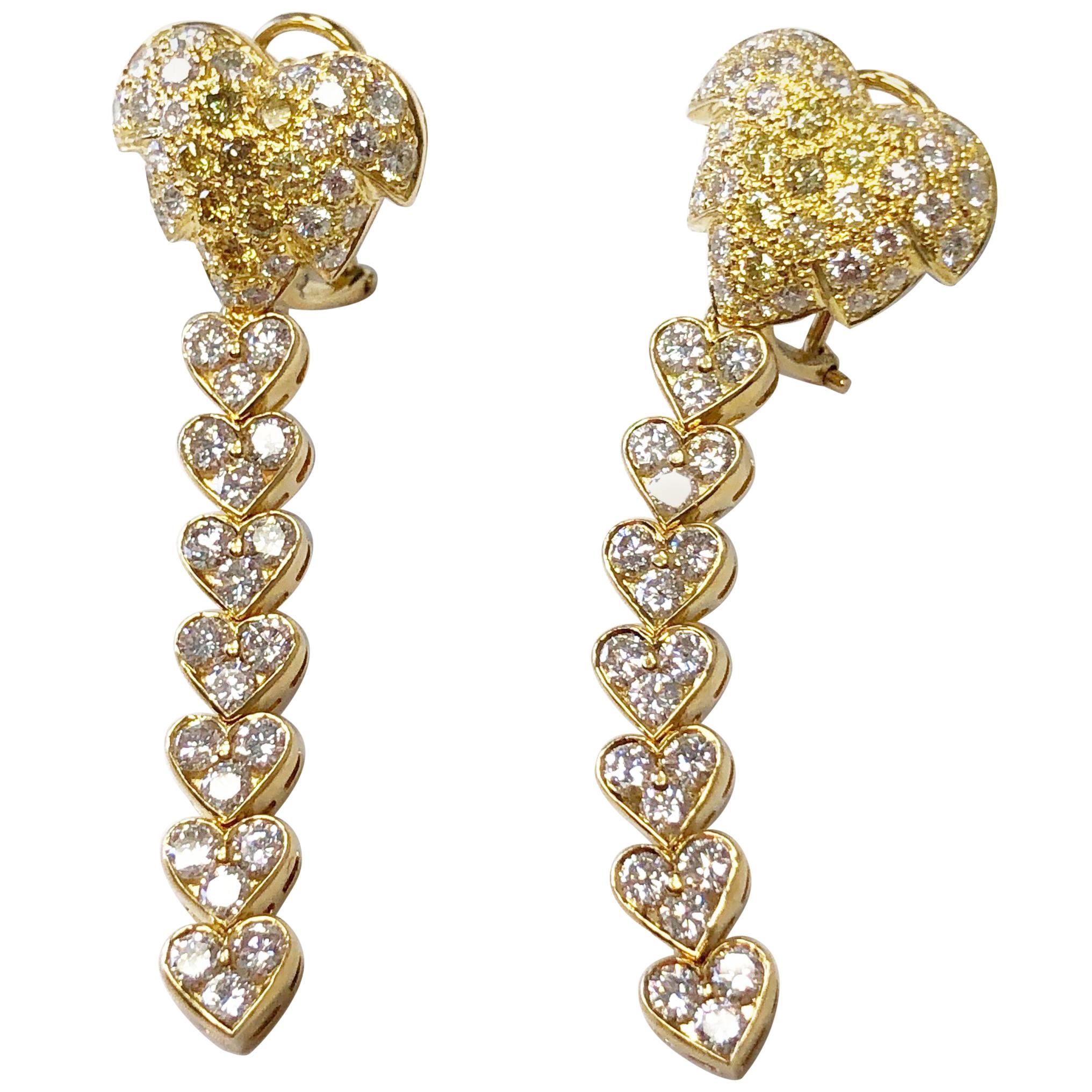 Pendants d'oreilles en or jaune 18 carats avec cœurs pavés de diamants jaunes et blancs